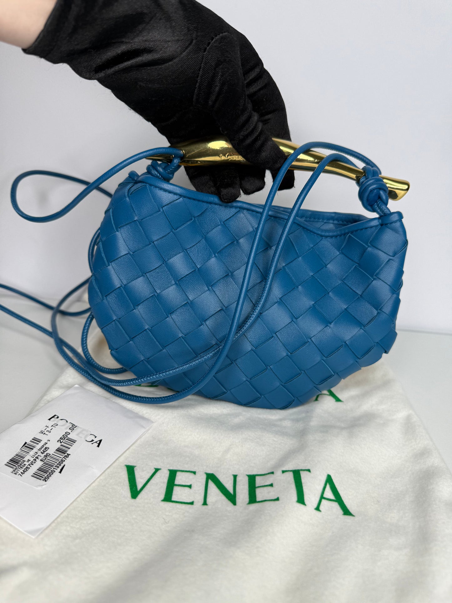 Bottega Veneta Baby Sardine Intrecciato Nappa Metallic Top Handle Deep Pacific