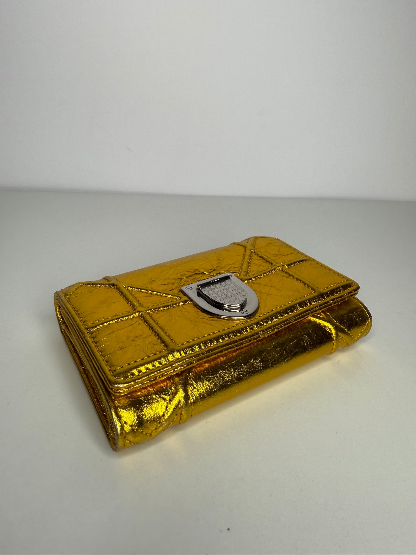 Christian Dior Yellow Gold Grained Leather Diorama Medium Flap Bag with Wallet