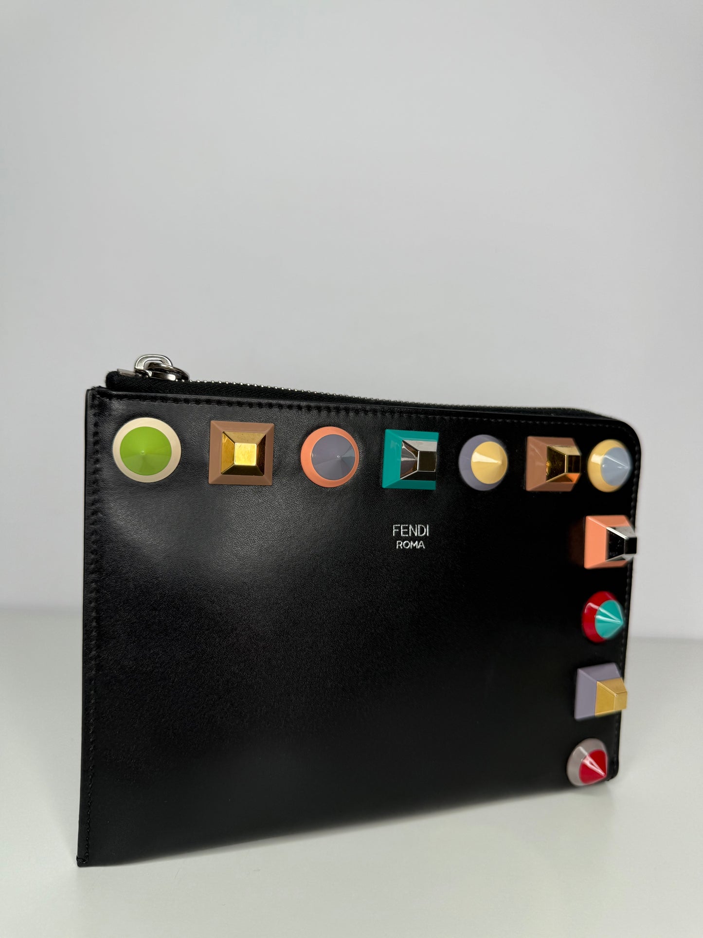 Fendi Black Leather Studded Flat Clutch Bag and Love Mini Pouch