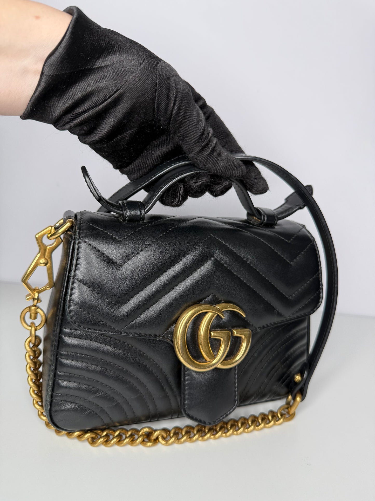 Gucci Mini GG Marmont Top Handle Black Calfskin Matelasse