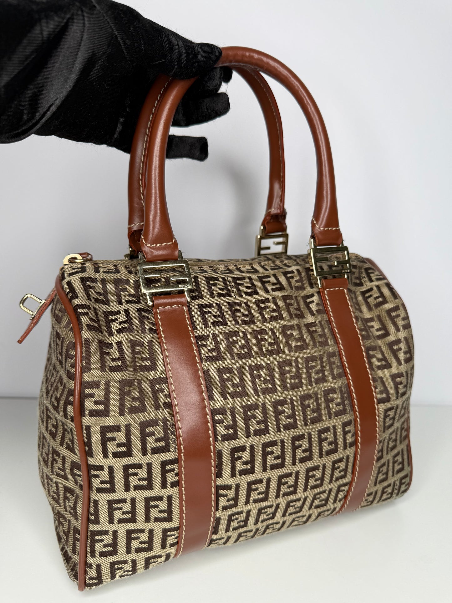 Fendi Brown Zucchino Canvas Boston Bag