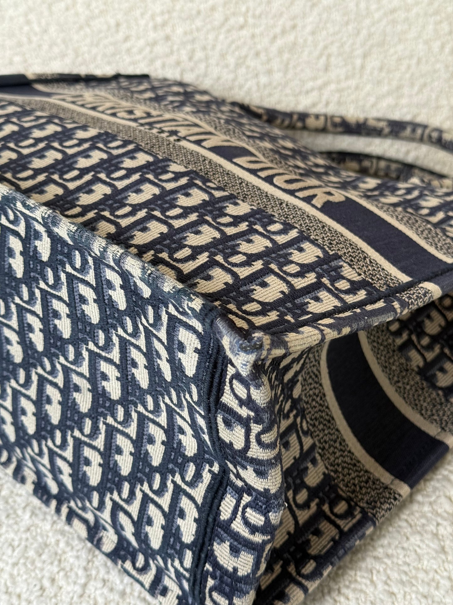 Christian Dior Medium Book Tote Ecru and Blue Dior Oblique Embroidery