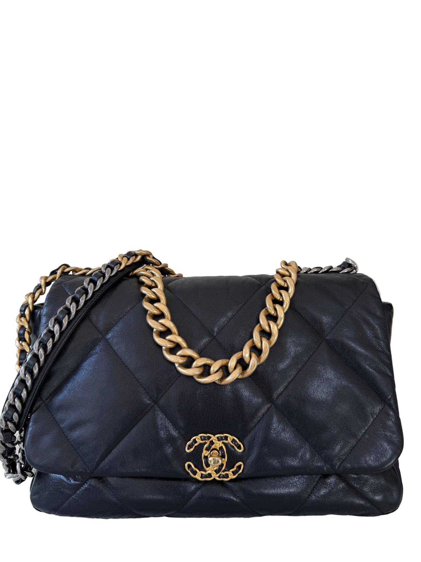 Chanel 19 Maxi Black Goatskin Quilted Leather Flap Bag