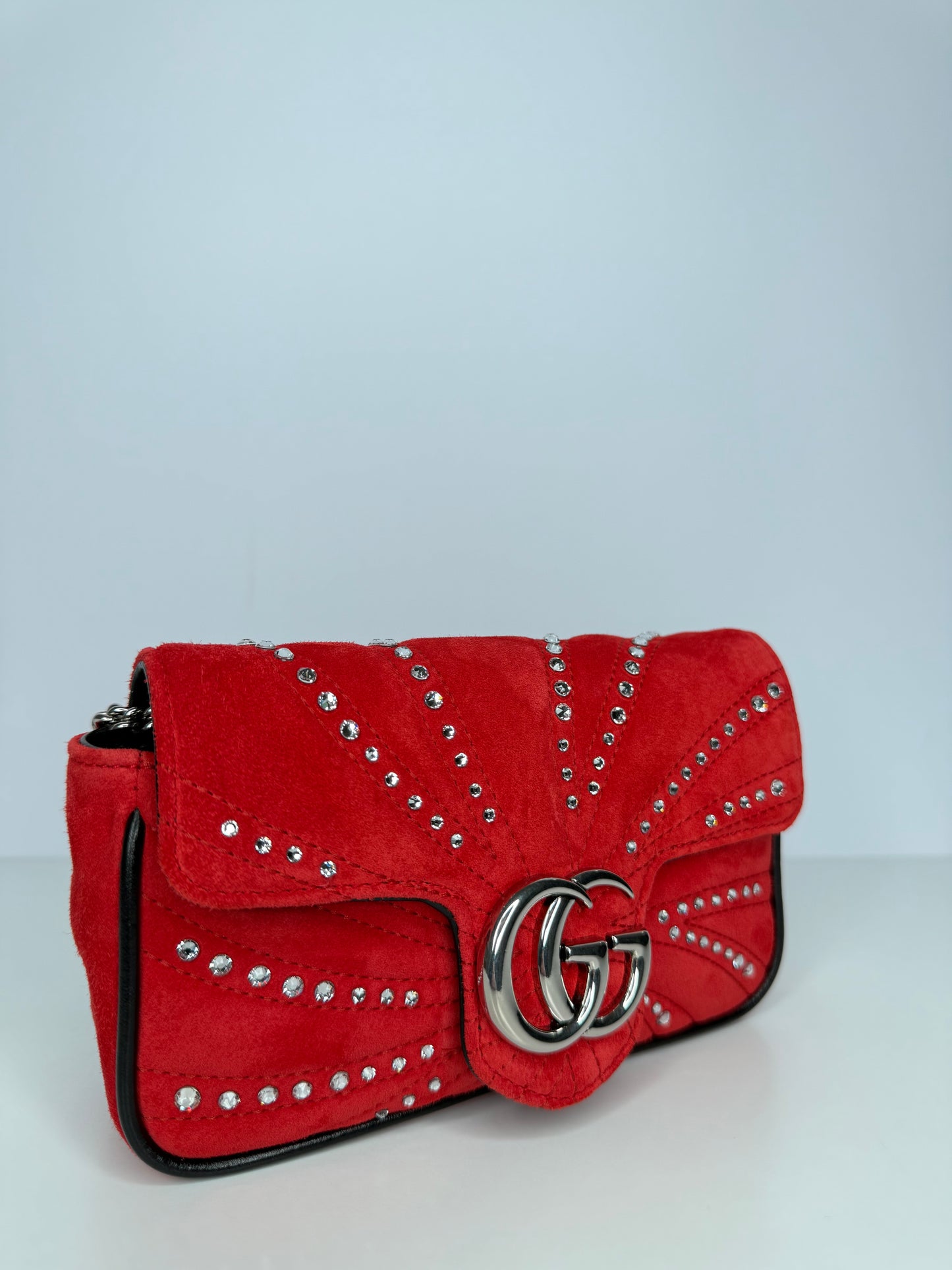 Gucci Limited Edition GG Marmont Super Mini Red Velvet Bag with Crystals