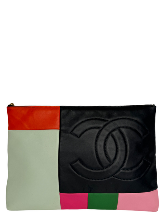 Chanel Multicolore Calfskin Leather Patchwork O-Case Large Zip Pouch