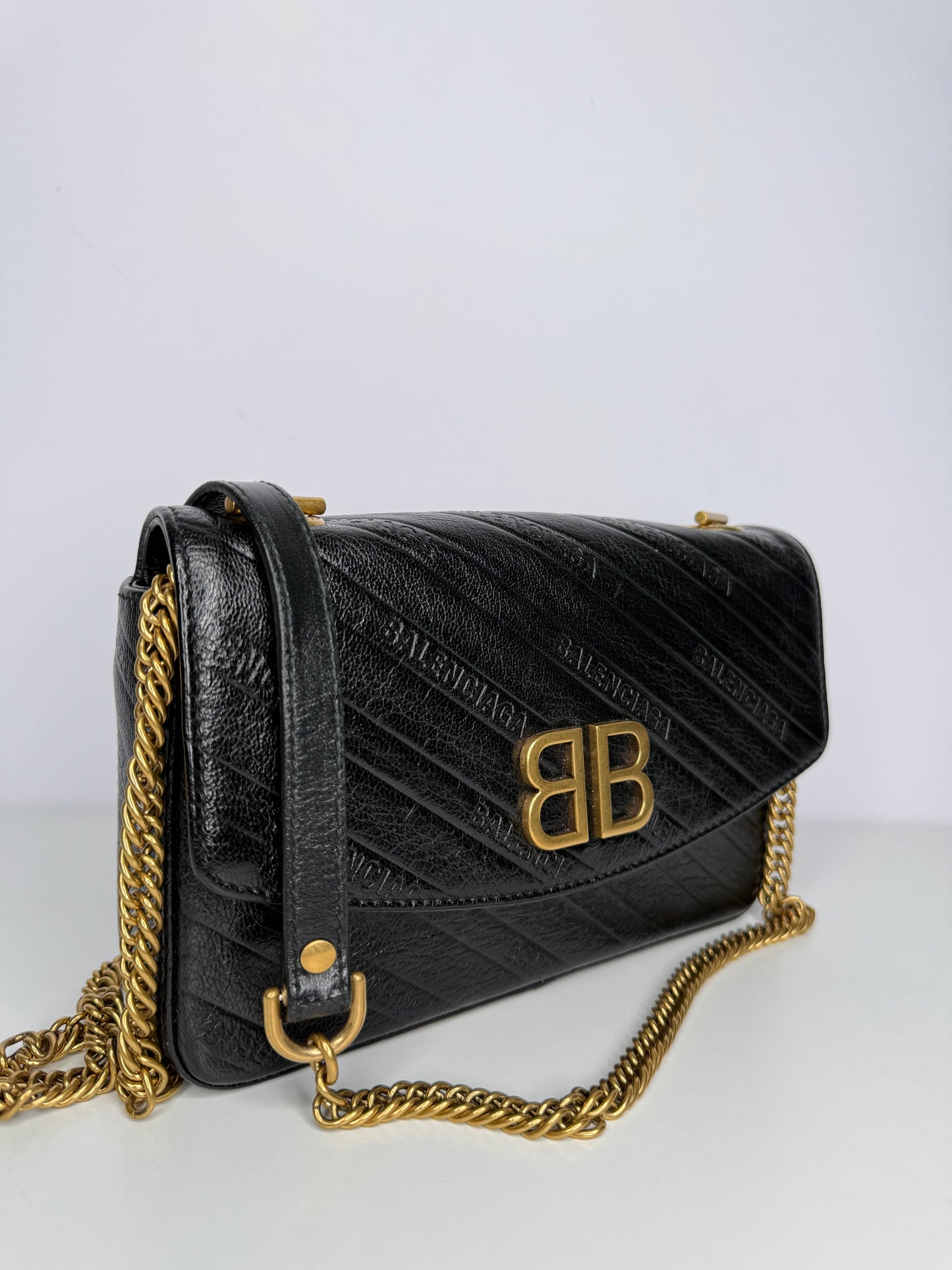 Balenciaga BB Chain Wallet Leather Shoulder Bag Black