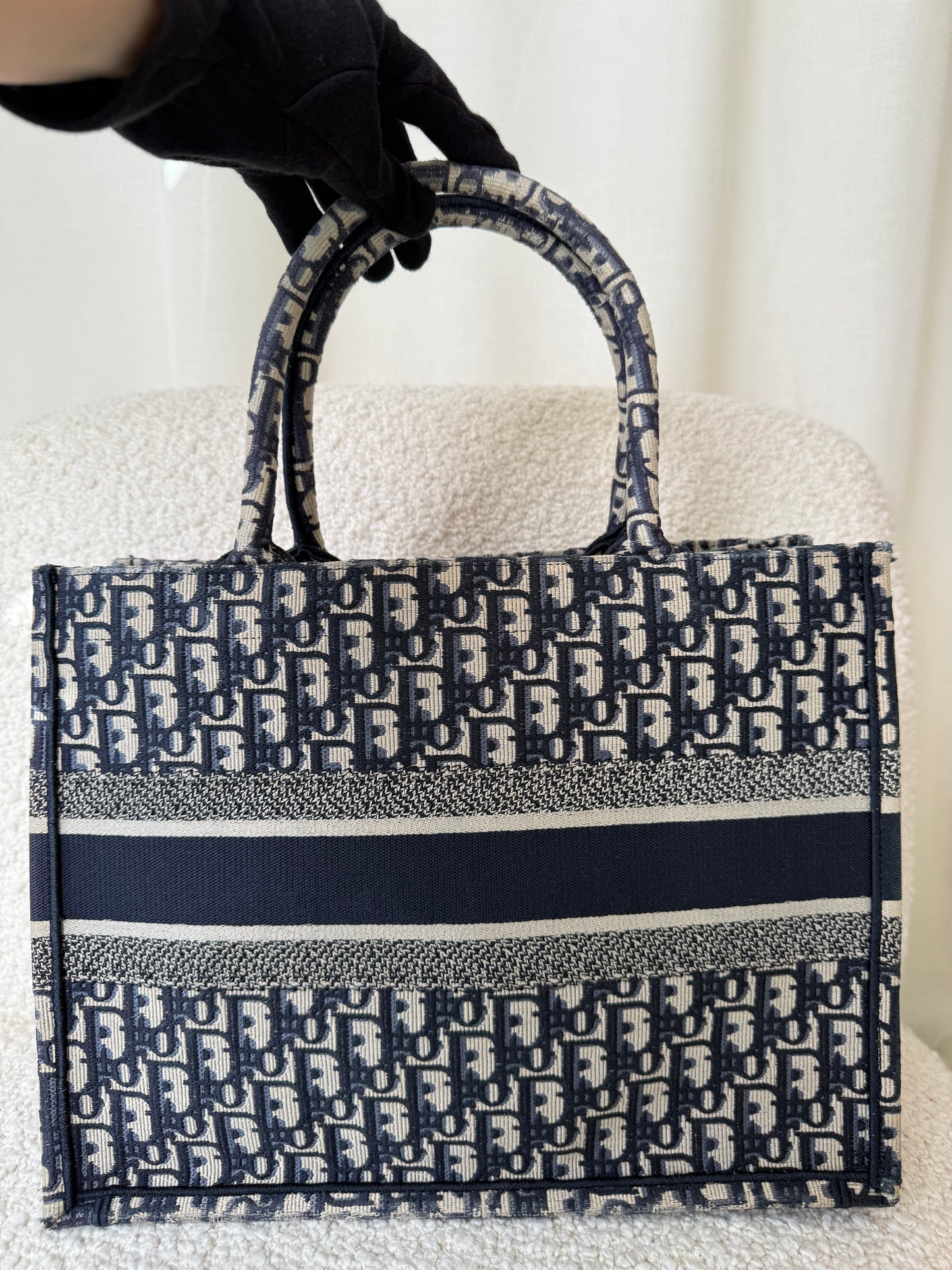 Christian Dior Medium Book Tote Ecru and Blue Dior Oblique Embroidery