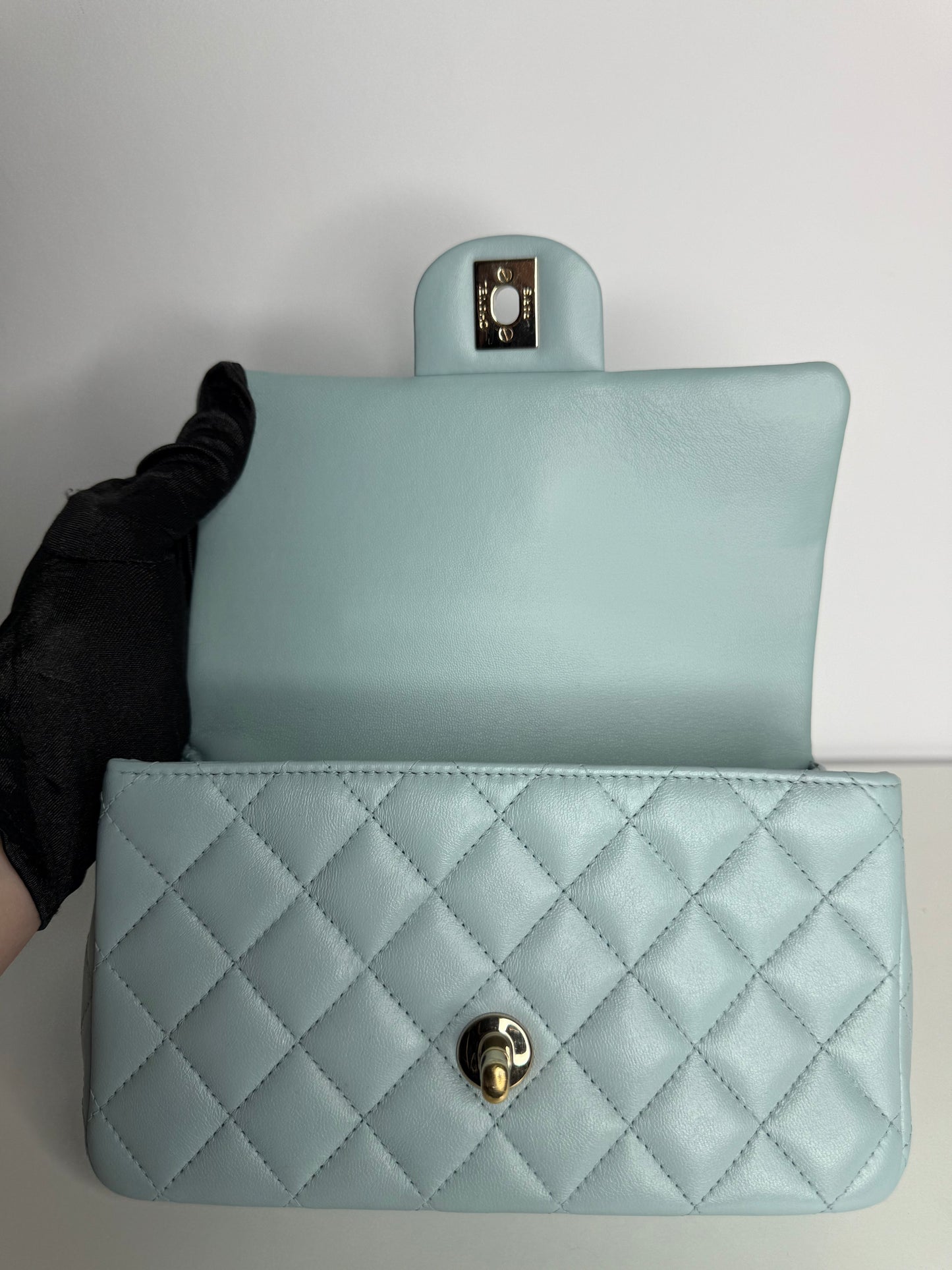 Chanel Lambskin Quilted Mini Top Handle Rectangular Flap Light Blue