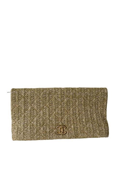Chanel CC Woven Clutch Gold Natural Raffia Antique Gold Hardware