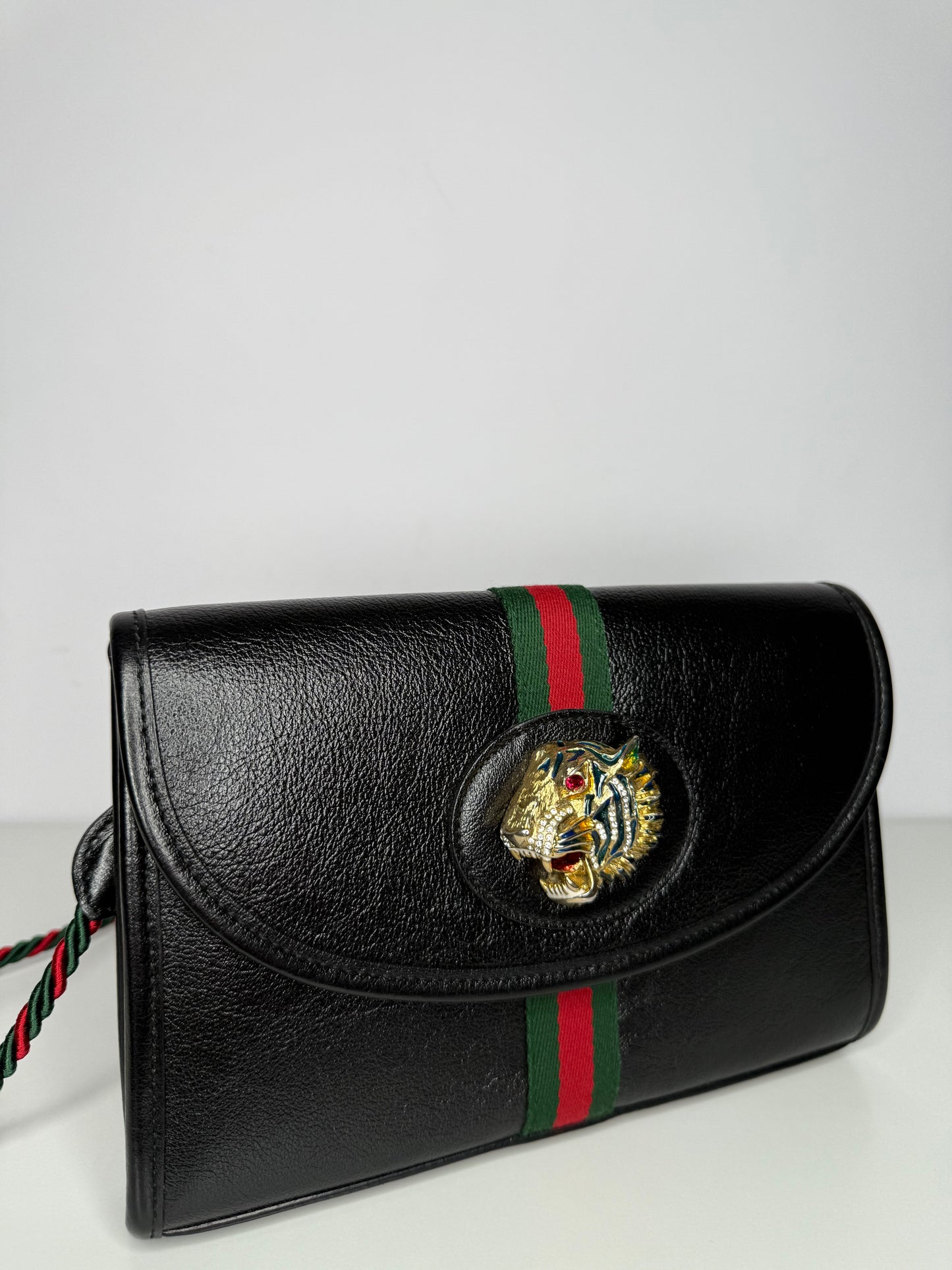 Gucci Rajah Tiger Black Leather Small Shoulder Bag Chain Web