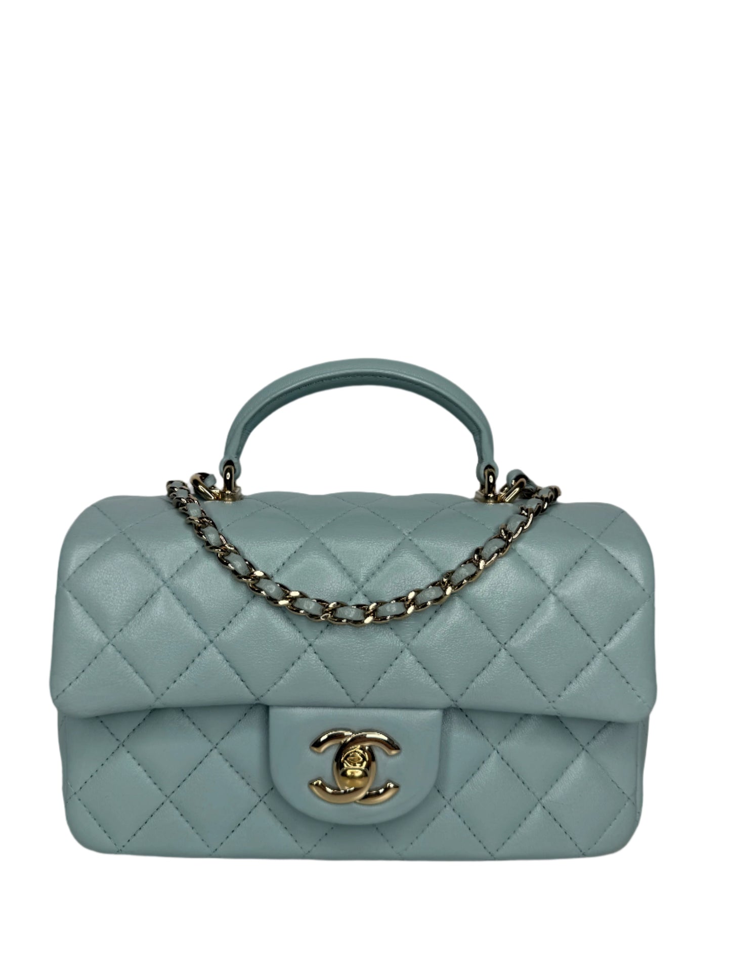 Chanel Lambskin Quilted Mini Top Handle Rectangular Flap Light Blue