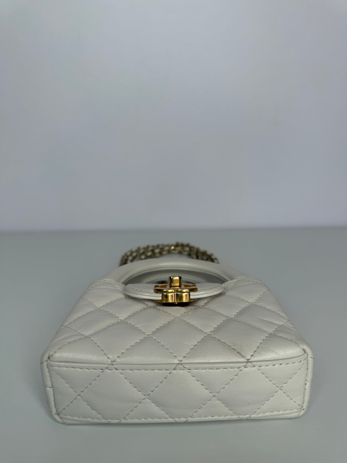 Chanel Micro Kelly White Shiny Aged Calfskin Brushed Gold Hardware