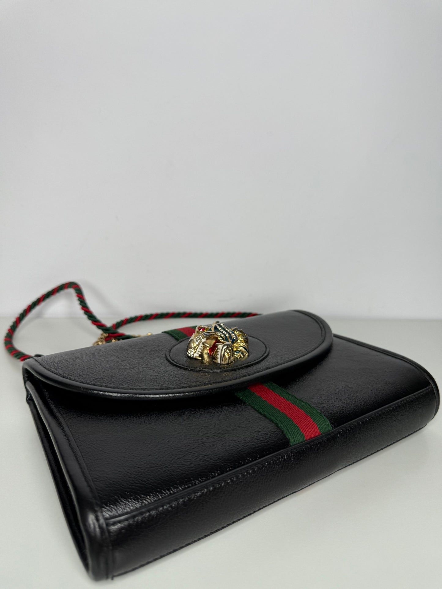 Gucci Rajah Tiger Black Leather Small Shoulder Bag Chain Web