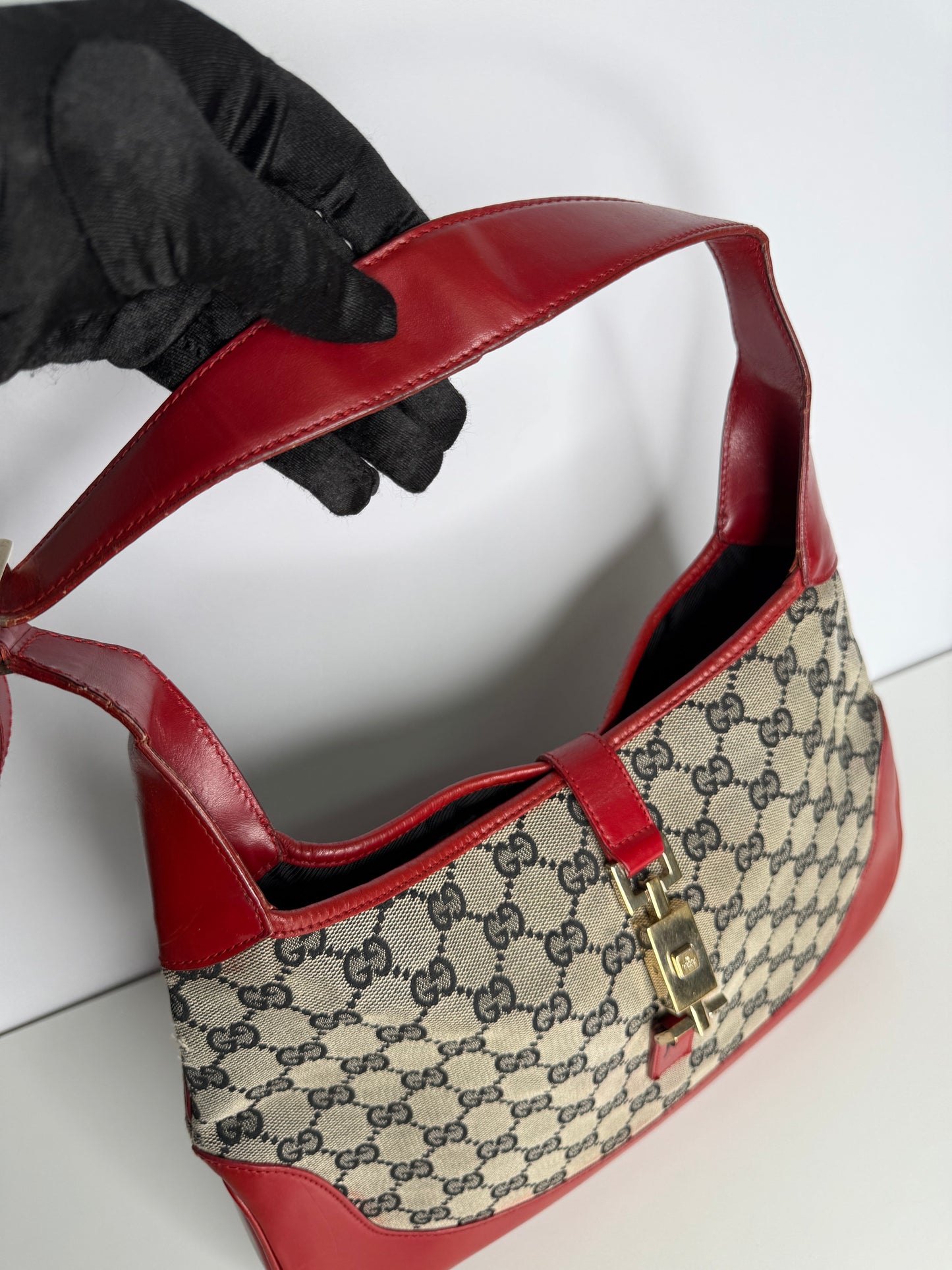 Gucci GG Canvas and Red Leather Jackie O Web Monogram Hobo Bag