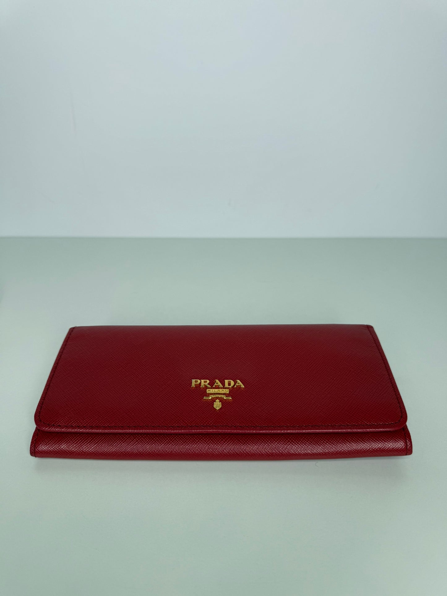 Prada Red Saffiano Metal Leather Logo Flap Continental Wallet