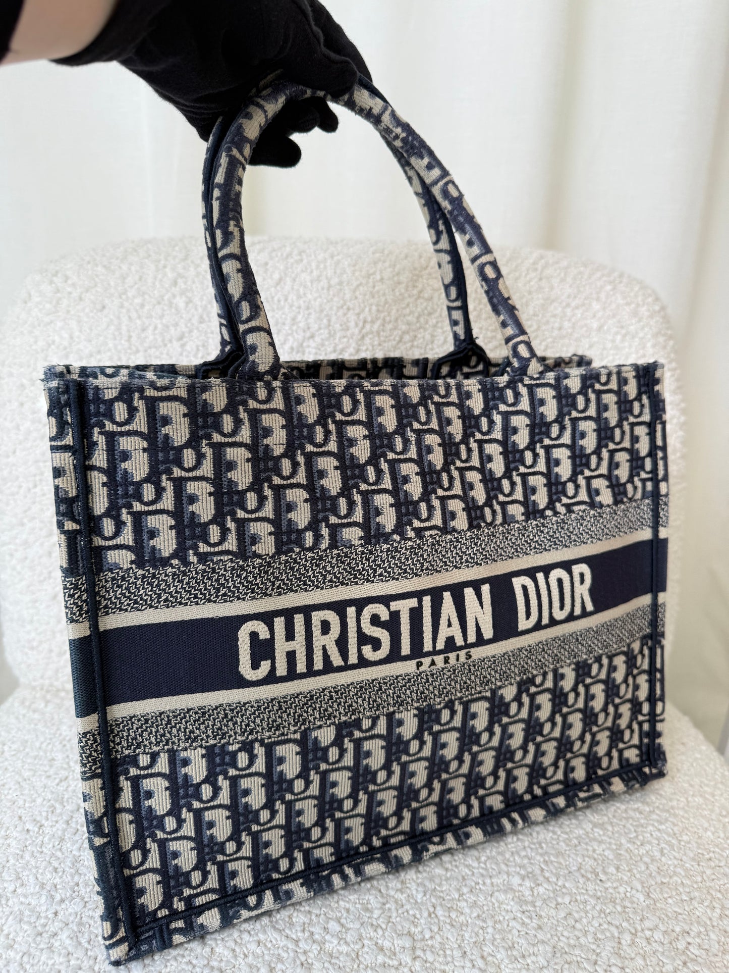 Christian Dior Medium Book Tote Ecru and Blue Dior Oblique Embroidery