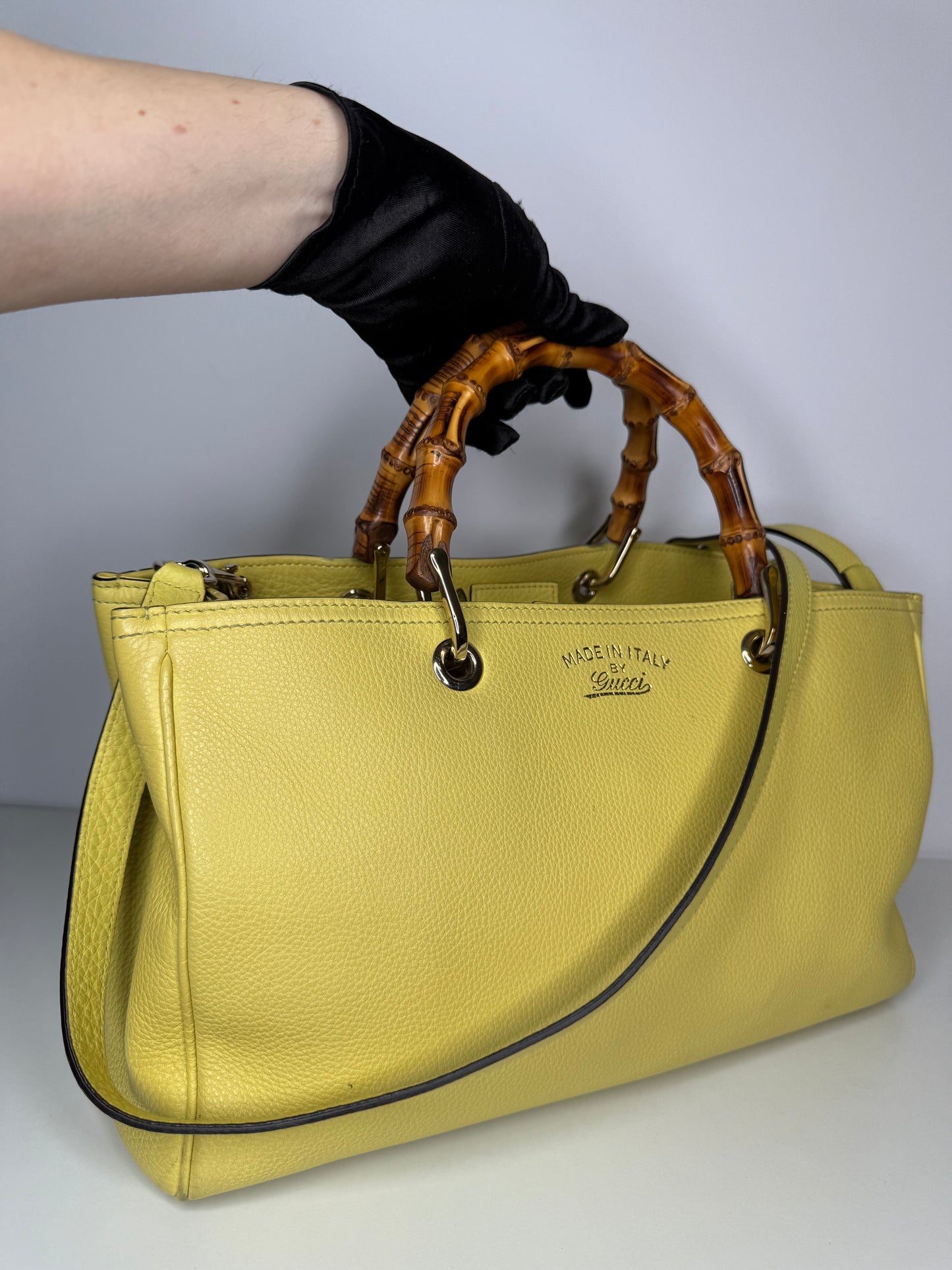 Gucci Yellow Leather Bamboo Top Handle Shopper Tote