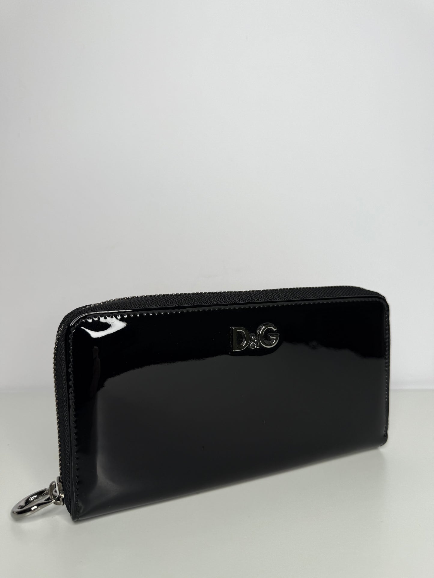 Dolce Gabbana Black Patent Leather Zippy Wallet