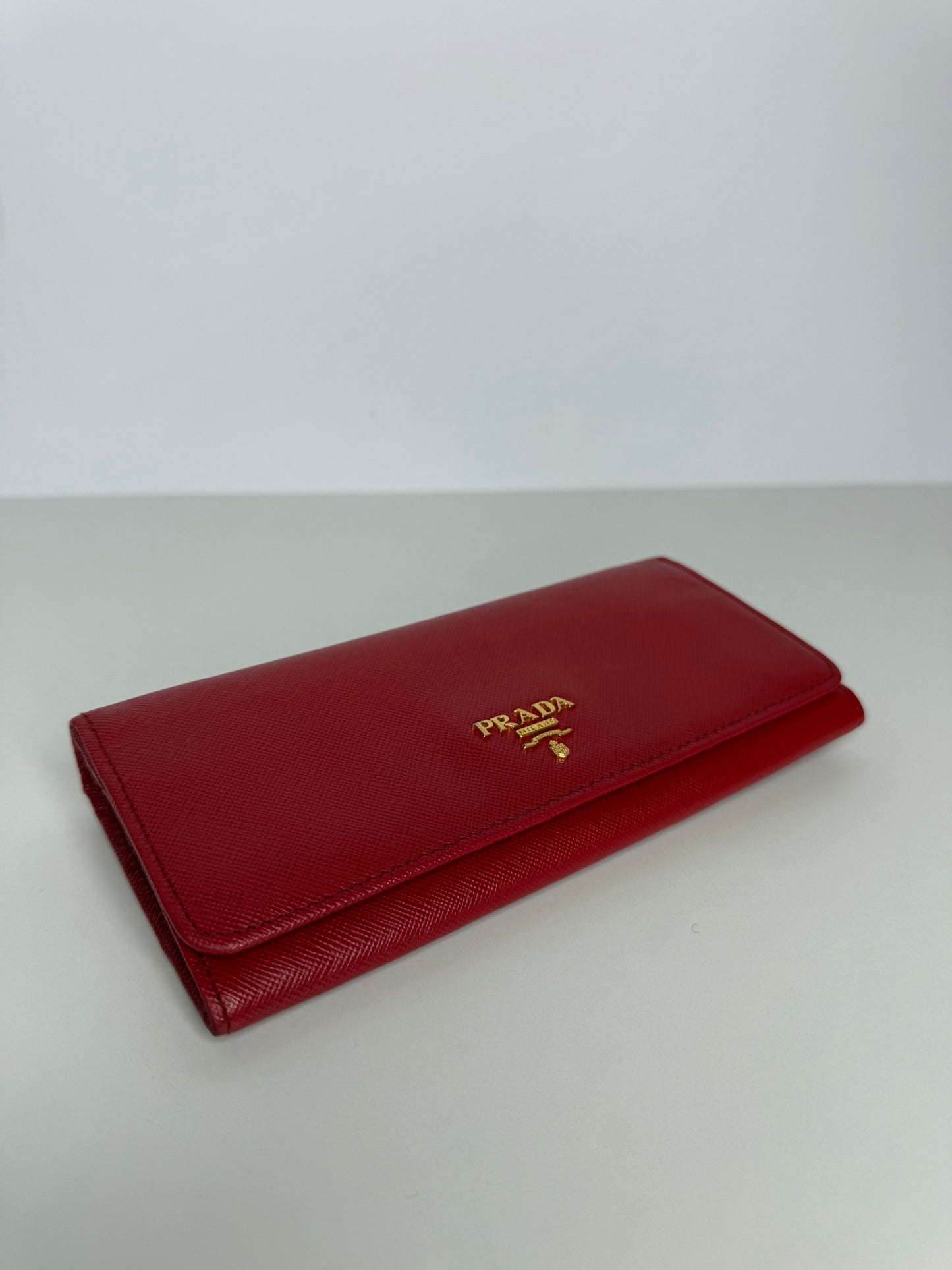 Prada Red Saffiano Metal Leather Logo Flap Continental Wallet