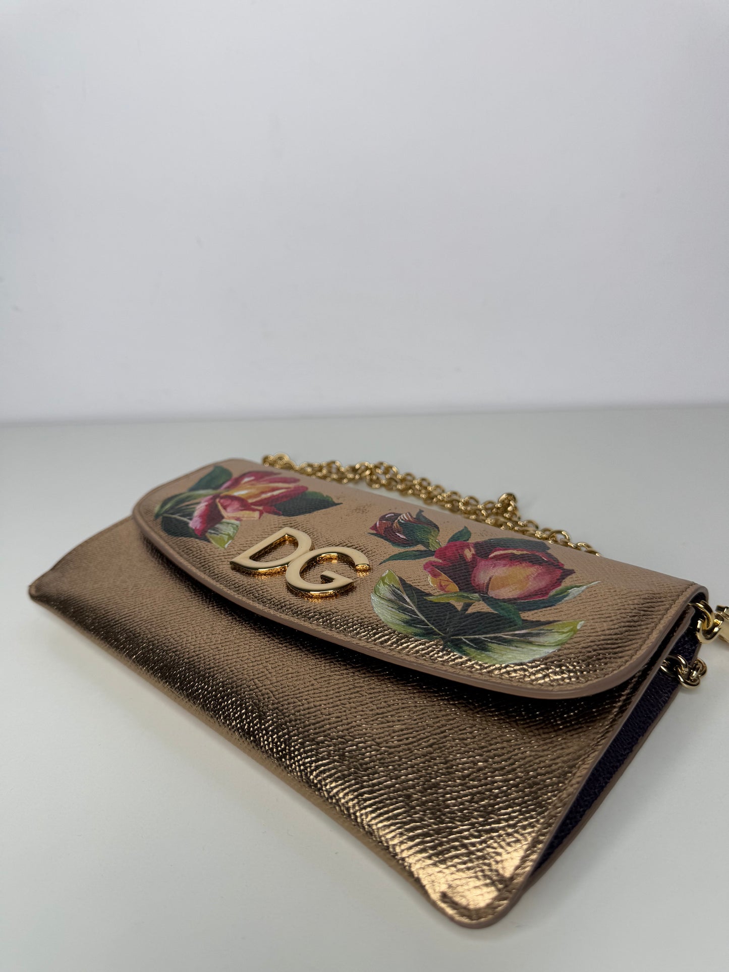 Dolce Gabbana Gold Floral Print Leather DG Logo Chain Clutch