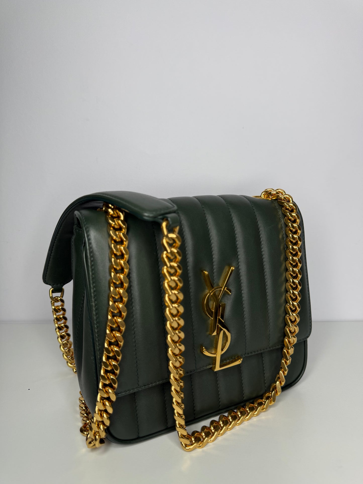 Saint Laurent Vicky Medium Crossbody Bag in Dark Green Vertical Quilted Leather