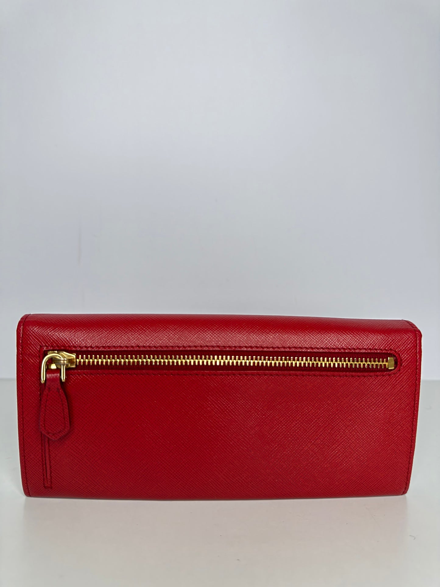 Prada Red Saffiano Metal Leather Logo Flap Continental Wallet