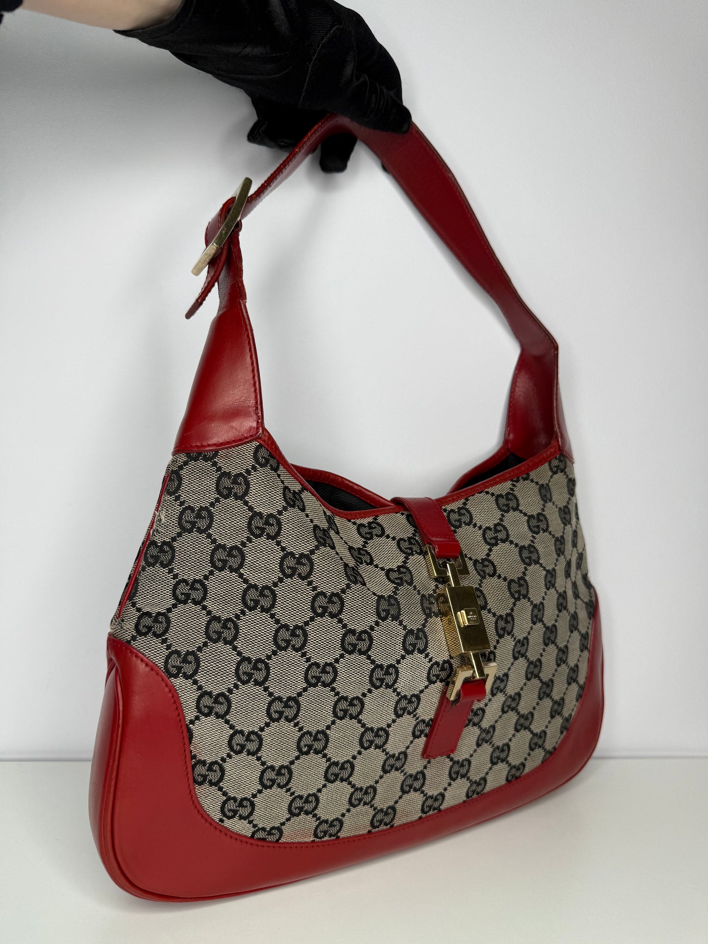 Gucci GG Canvas and Red Leather Jackie O Web Monogram Hobo Bag