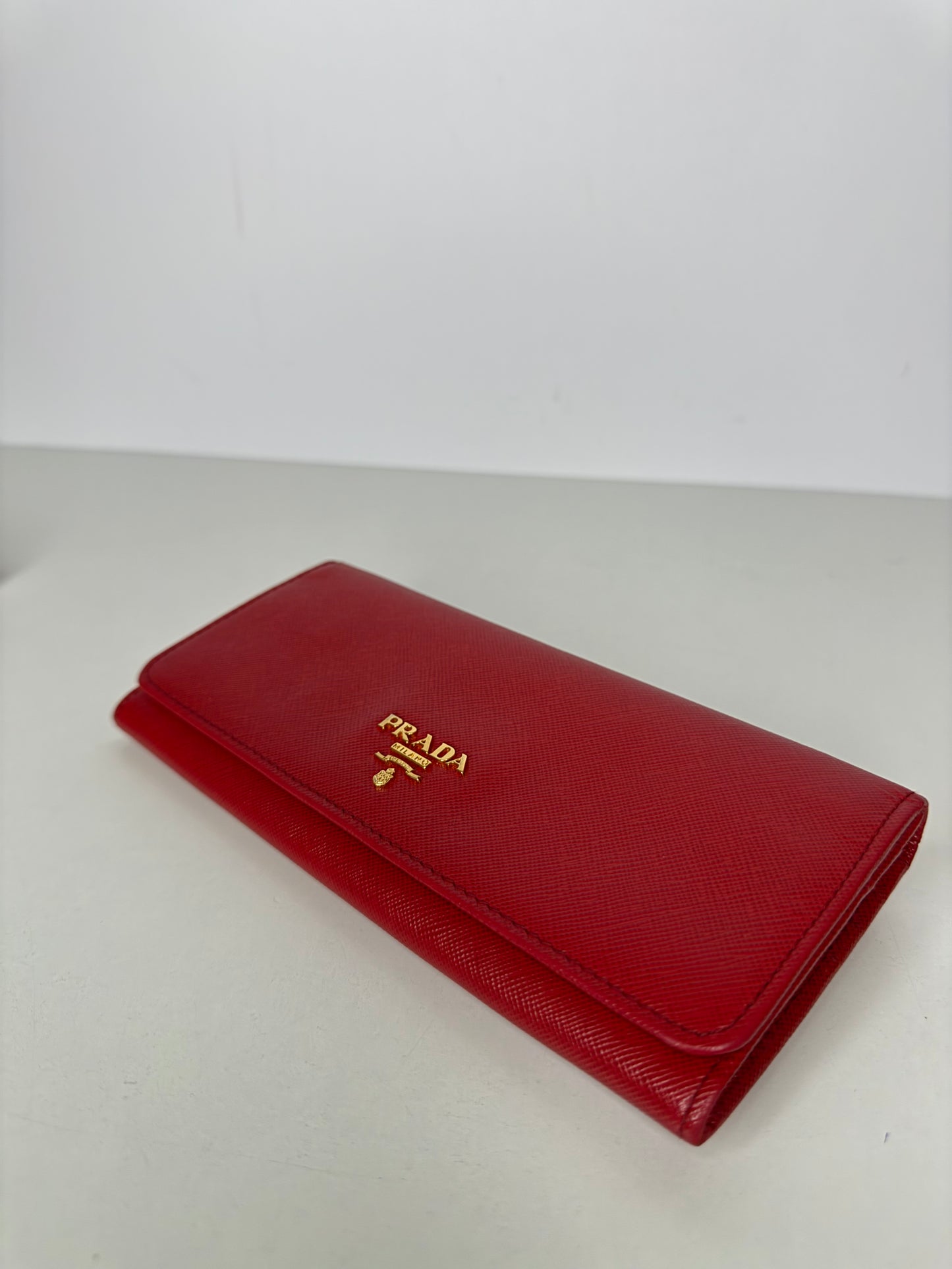 Prada Red Saffiano Metal Leather Logo Flap Continental Wallet