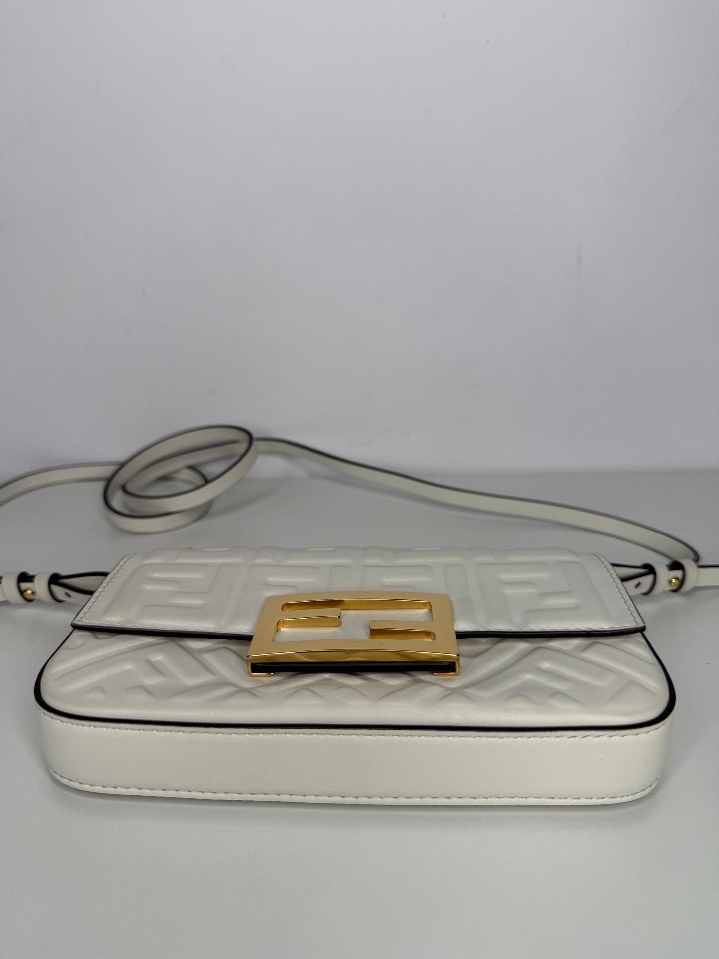 Fendi Nappa FF 1974 Embossed Mini Baguette White