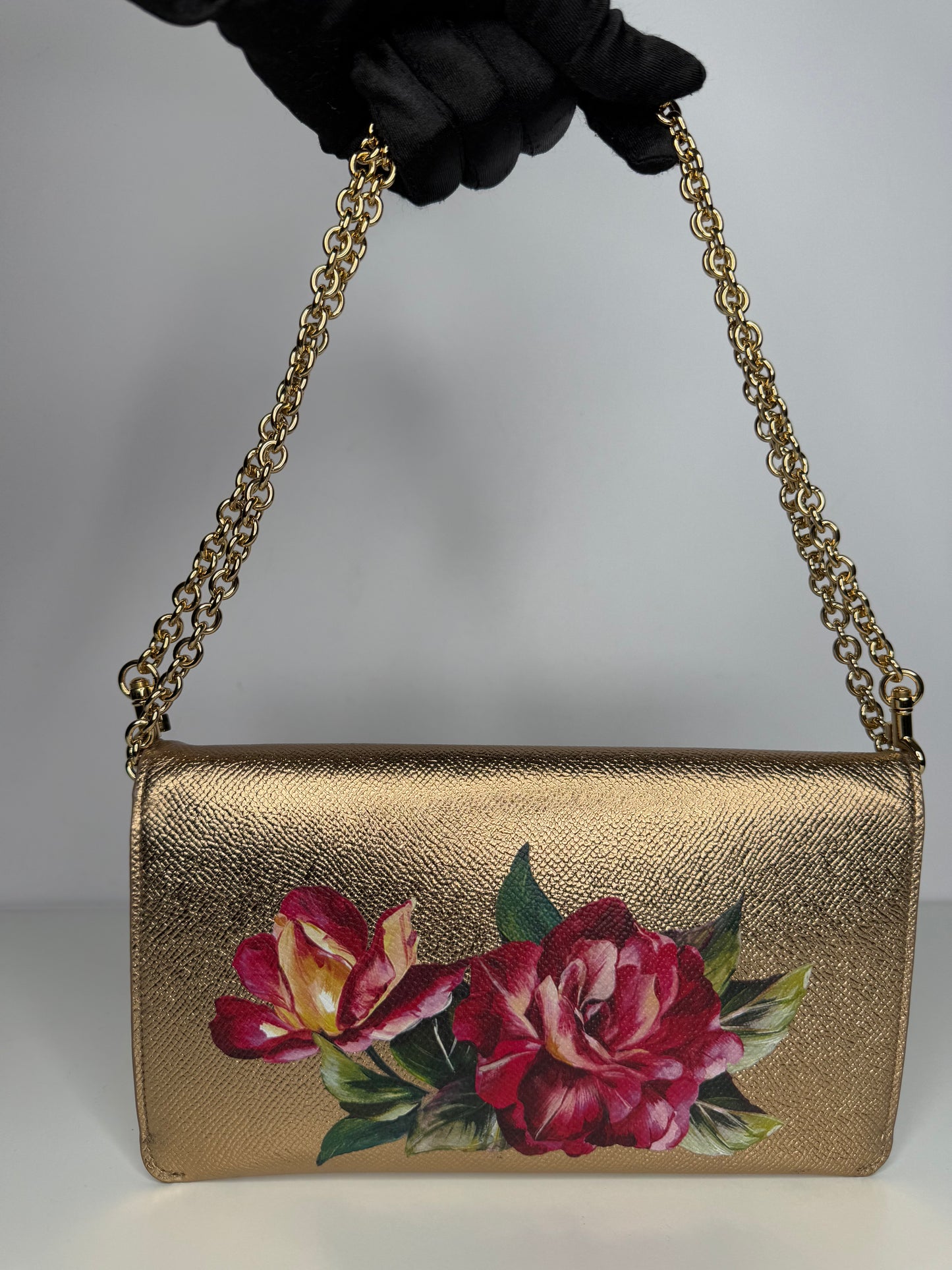 Dolce Gabbana Gold Floral Print Leather DG Logo Chain Clutch