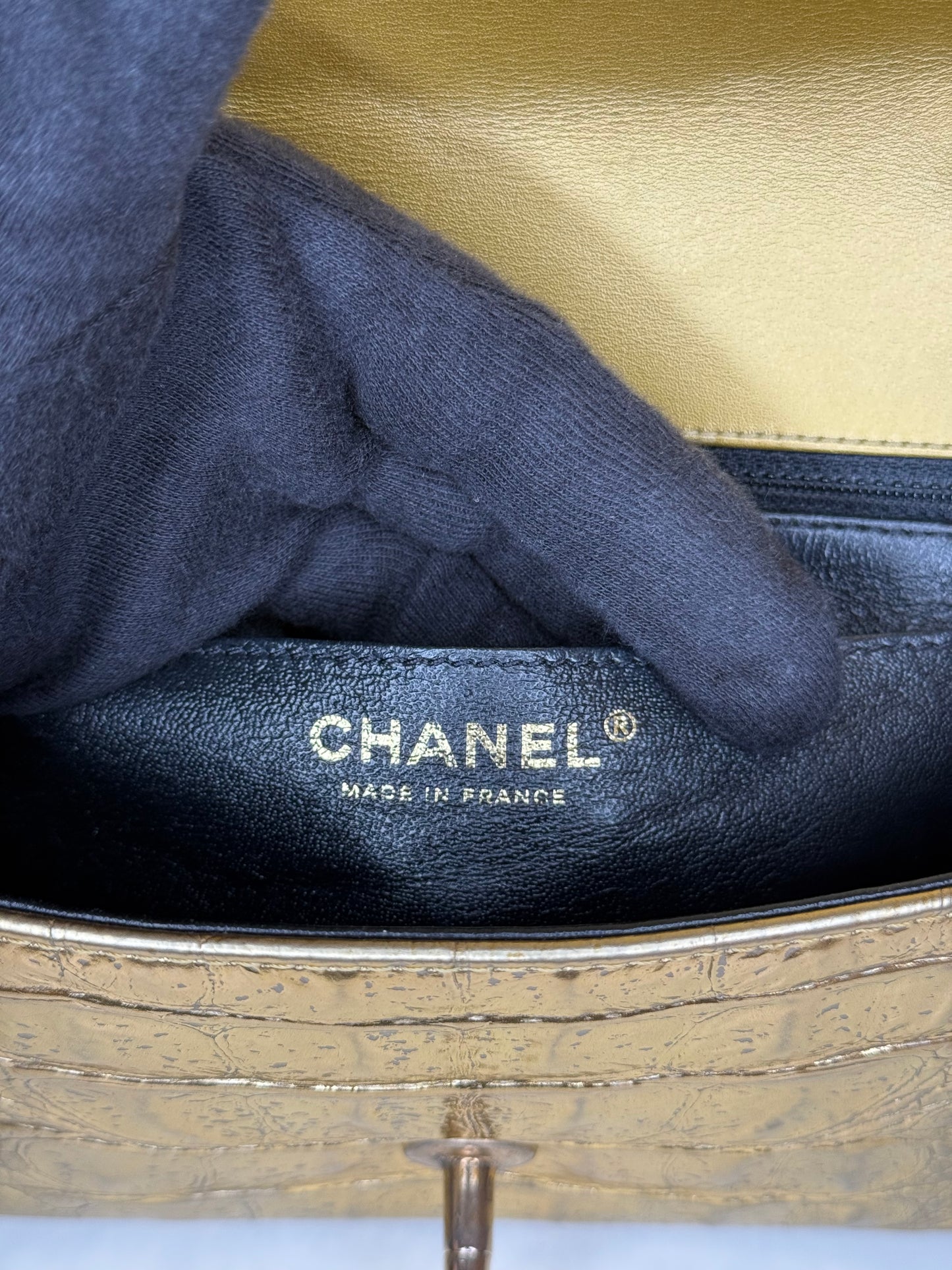Chanel Classic Crocodile Embossed Metallic Calfskin Single Flap Bag