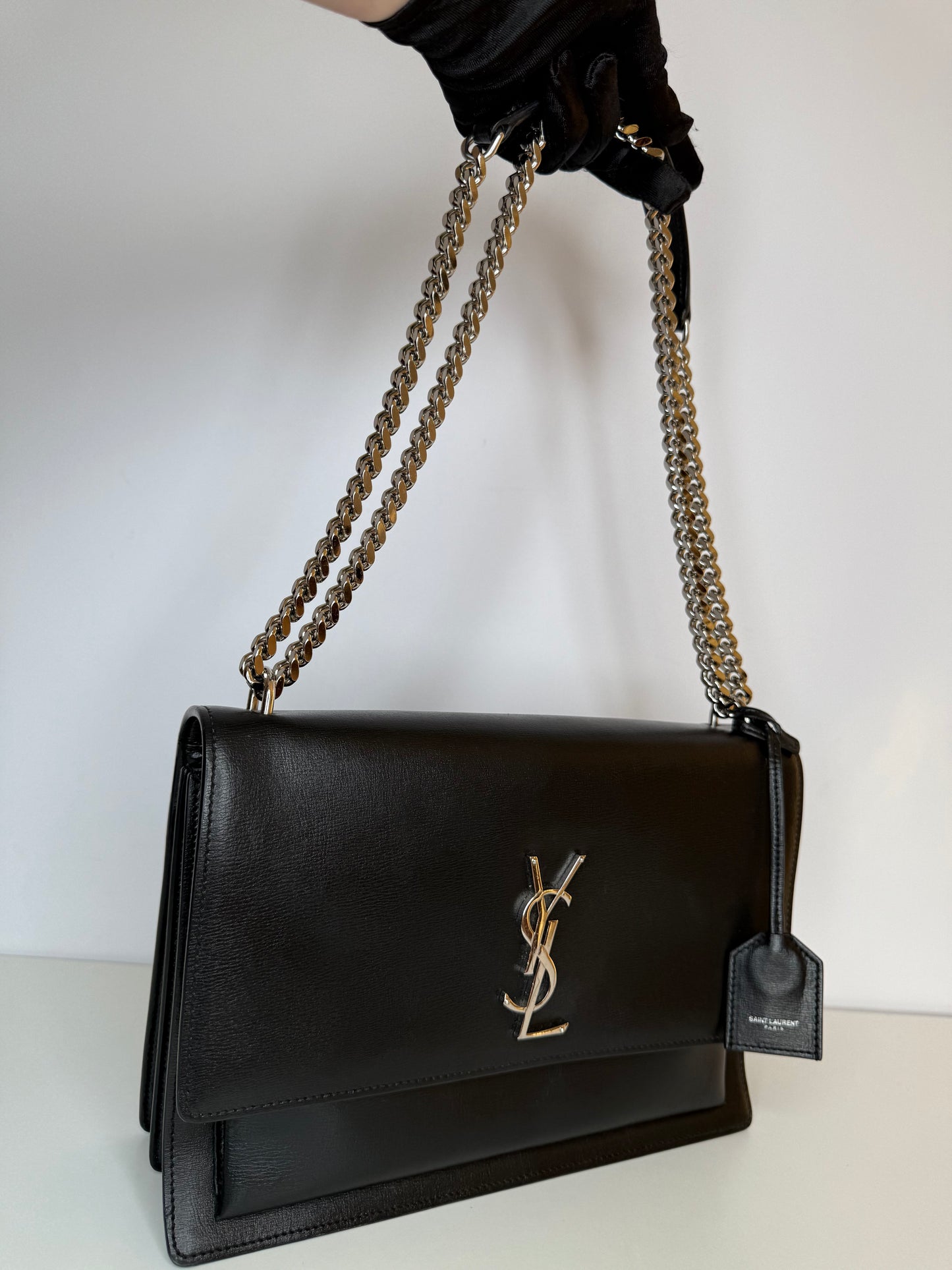 Saint Laurent Black Leather Medium Sunset Crossbody Bag