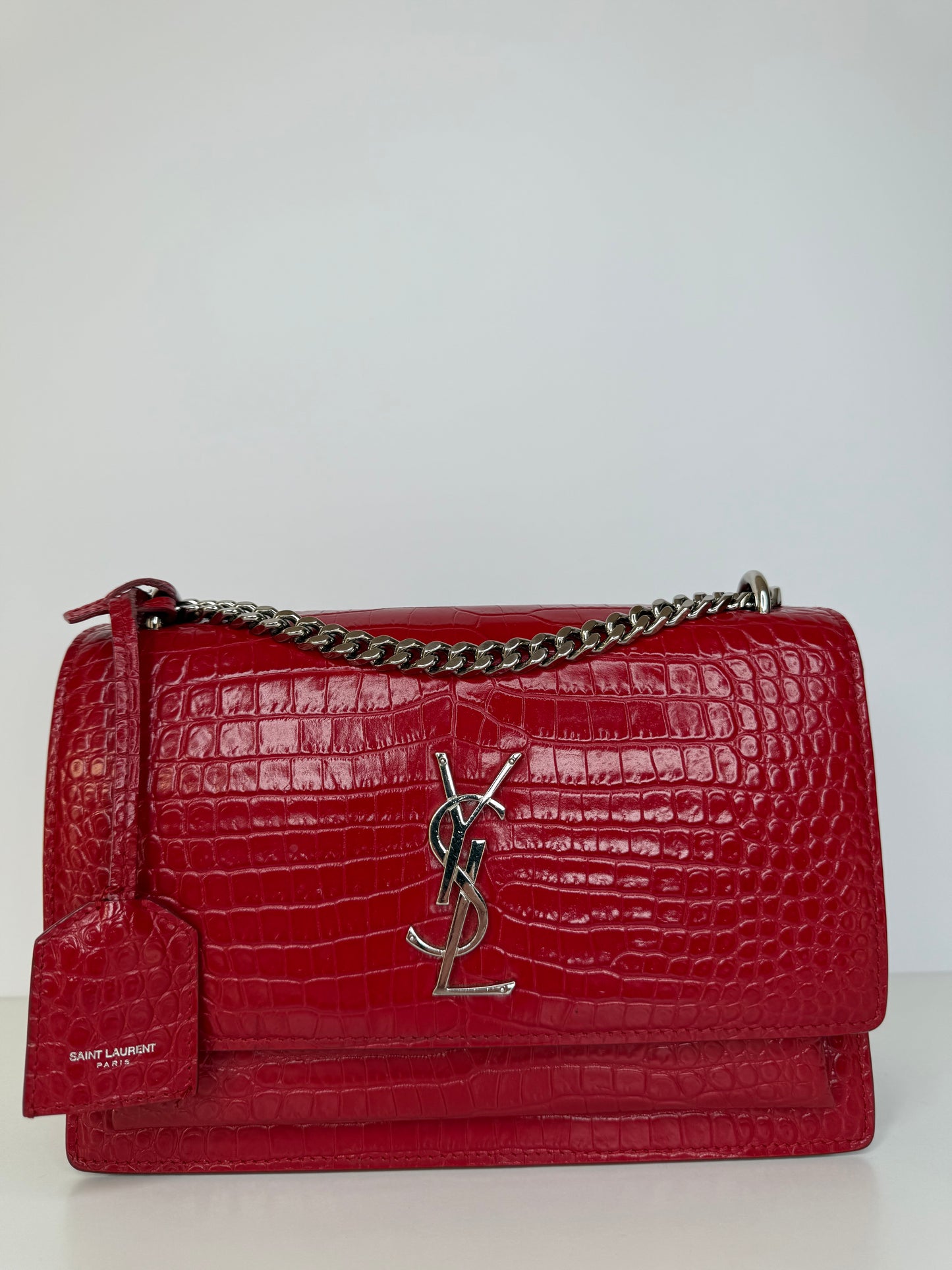 Saint Laurent Calfskin Crocodile Red Embossed Leather Medium Sunset