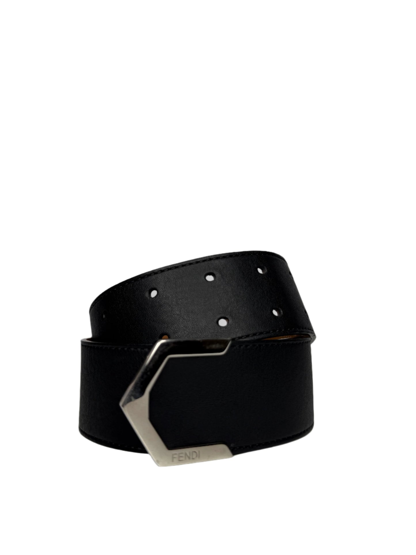 Fendi Wide Black Leather Belt With Silvertone Detail