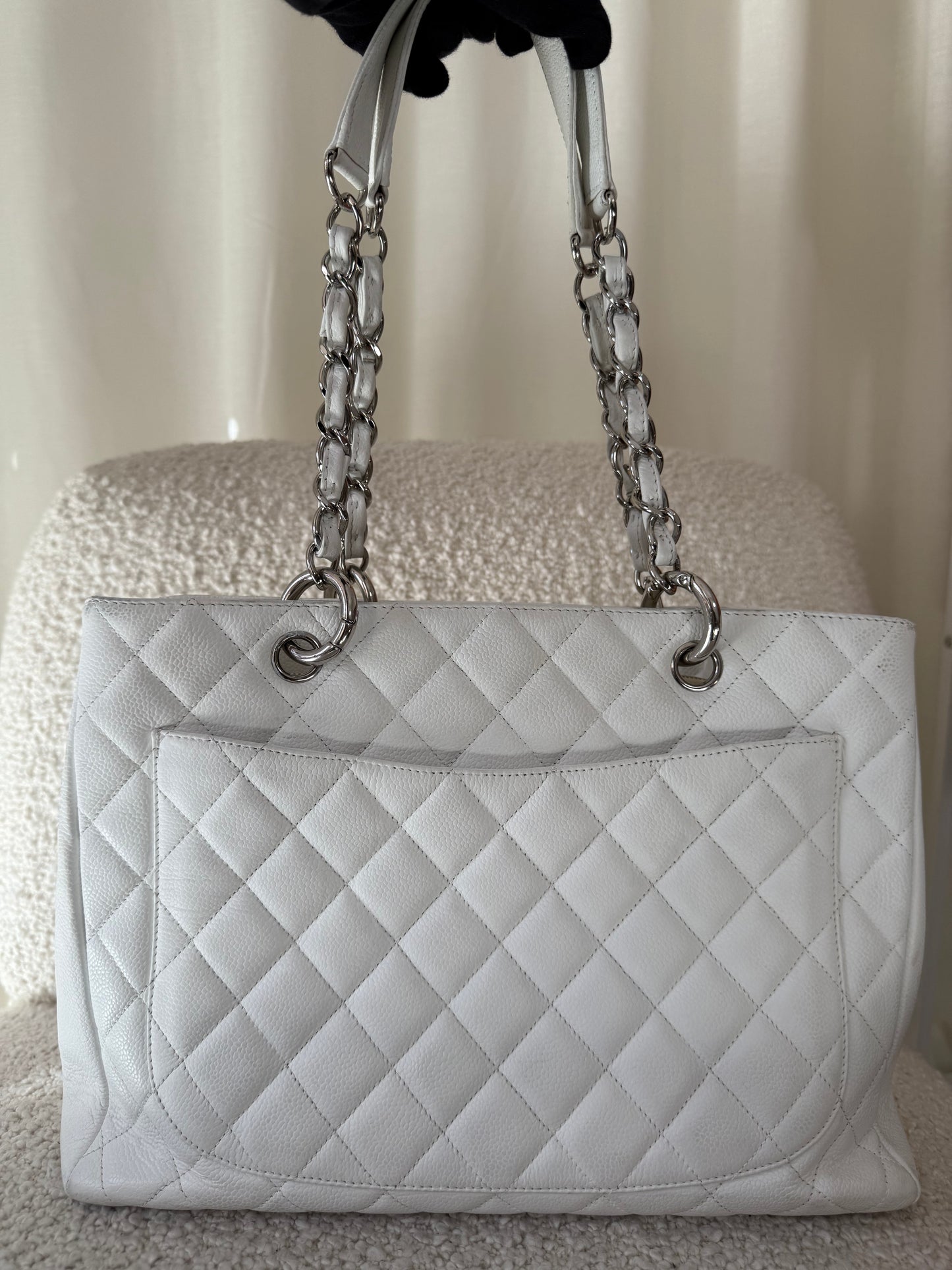 Chanel White Quilted Caviar Leather Grand Shopping Tote