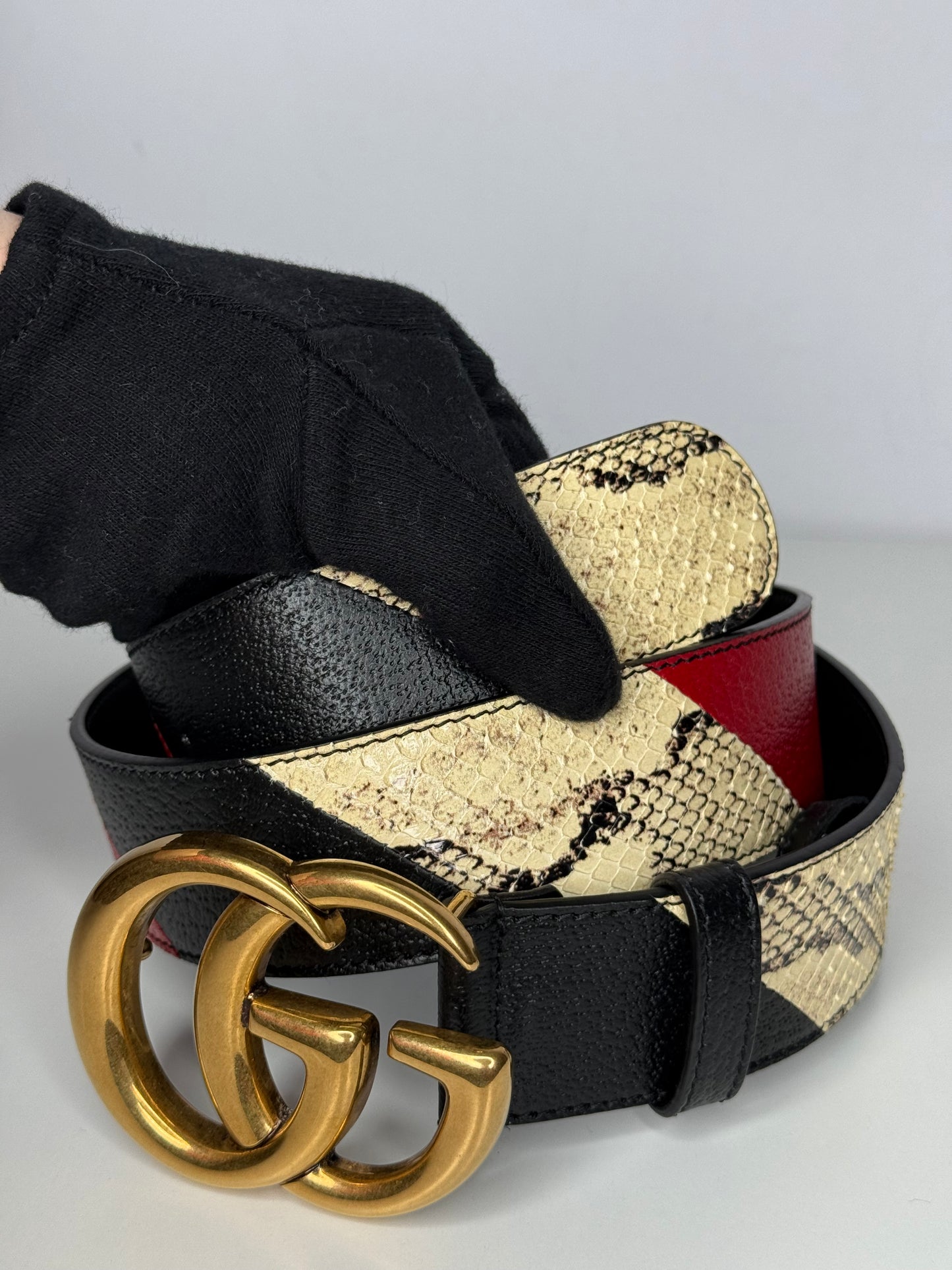 Gucci GG Marmont Black Leather Belt with Red/Beige Python Detail and Antique Gold Buckle