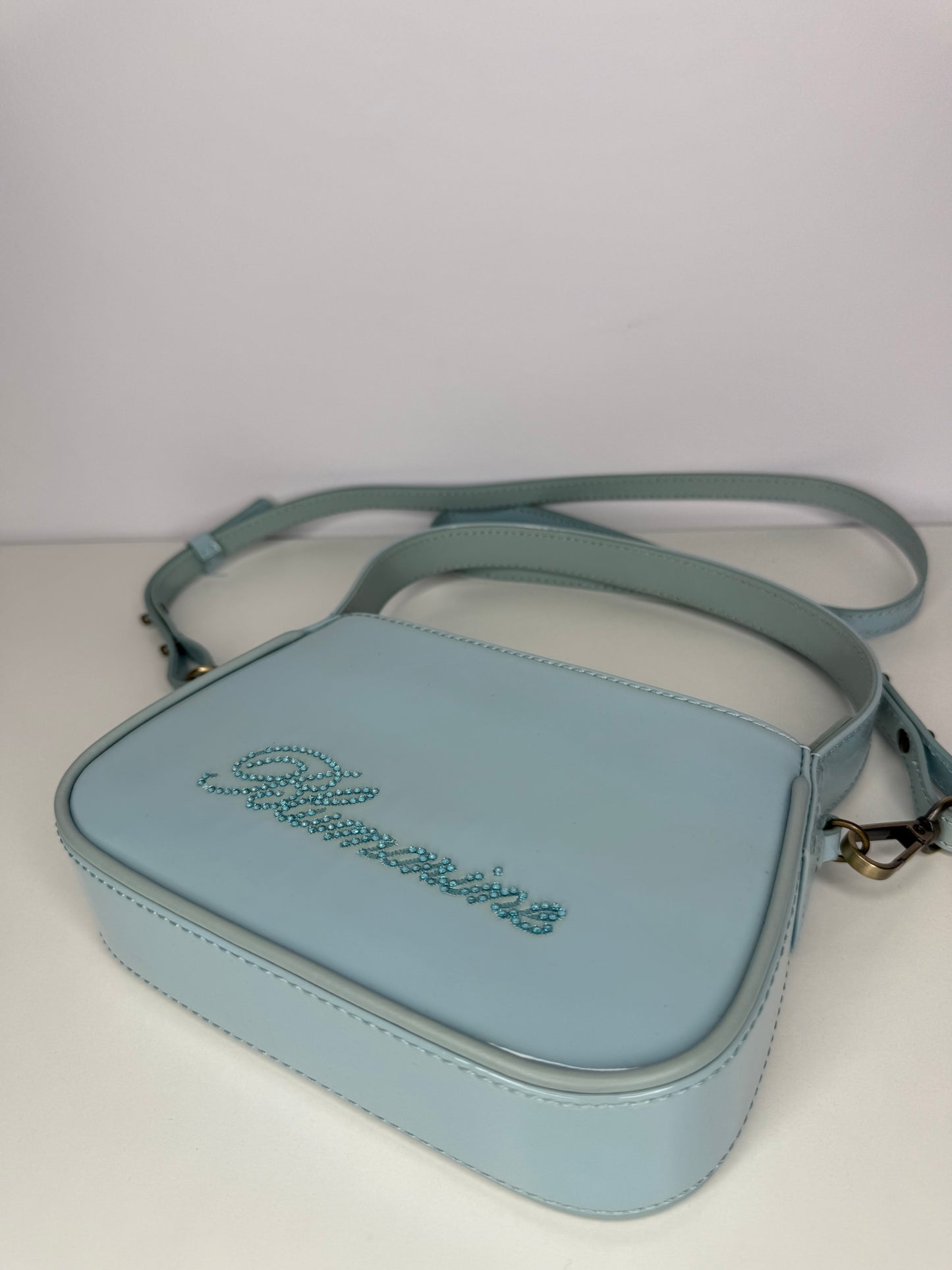 Blumarine Light Blue Patent Leather Crystal‑Logo Shoulder Bag