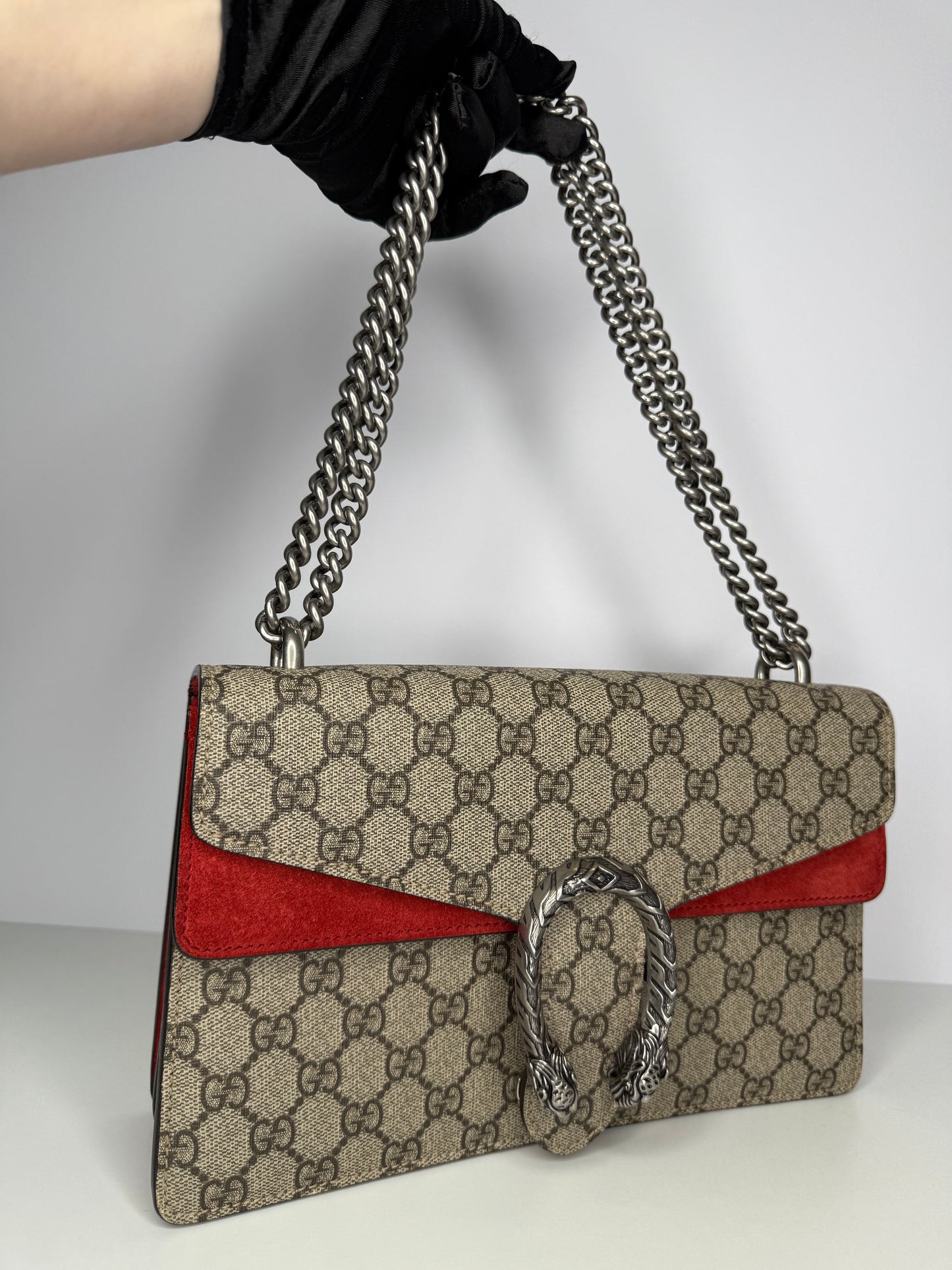 Gucci Dionysus GG Supreme Canvas and Red Suede Small Shoulder Bag