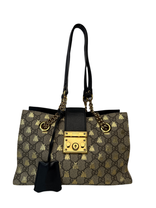 Gucci Neutral Padlock GG Supreme Canvas With Gold Bees Print