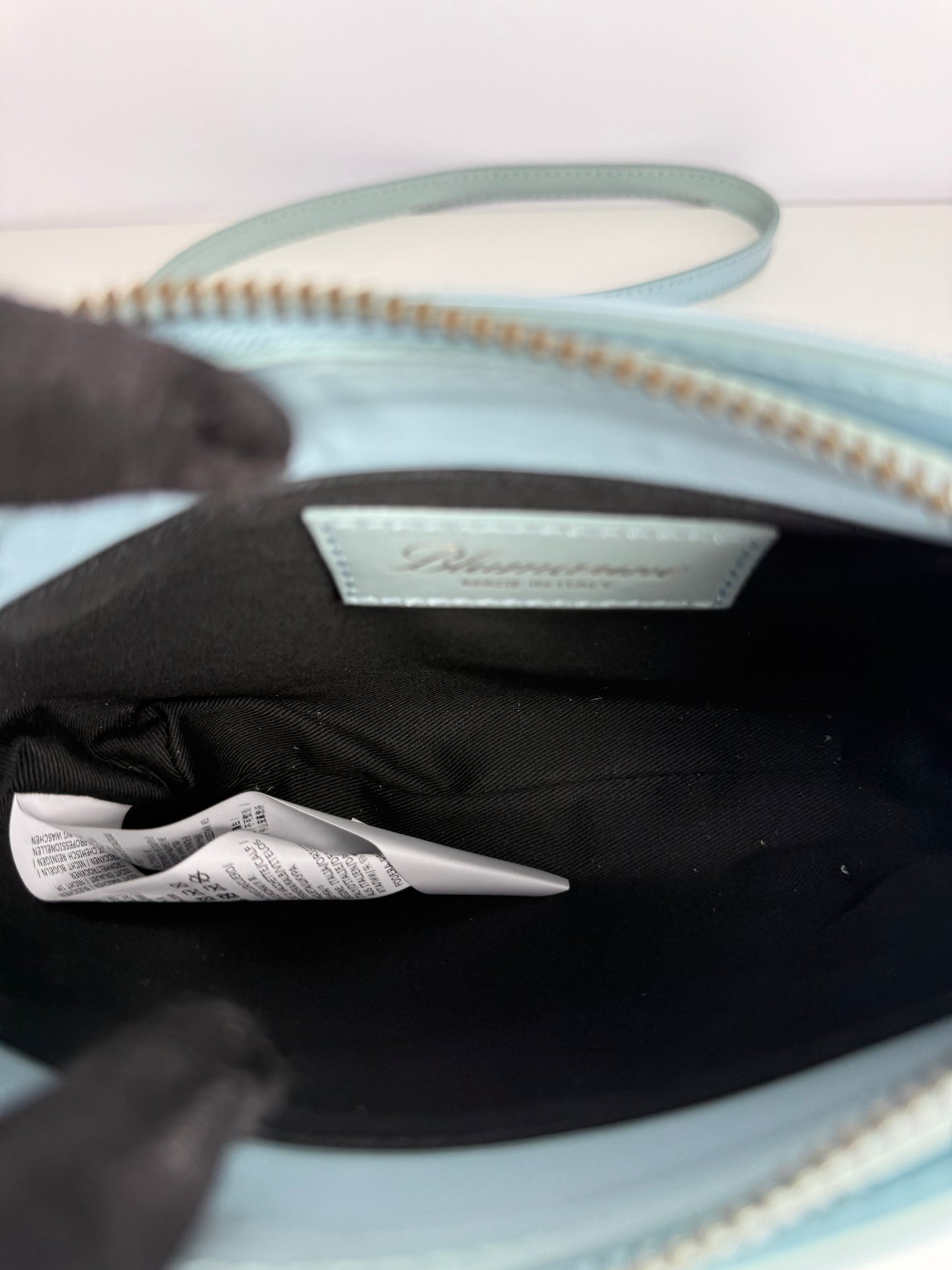 Blumarine Light Blue Patent Leather Crystal‑Logo Shoulder Bag