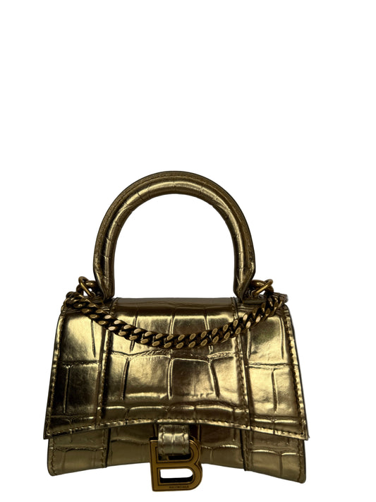 Balenciaga Gold Croc Embossed Hourglass Nano Top Handle Bag