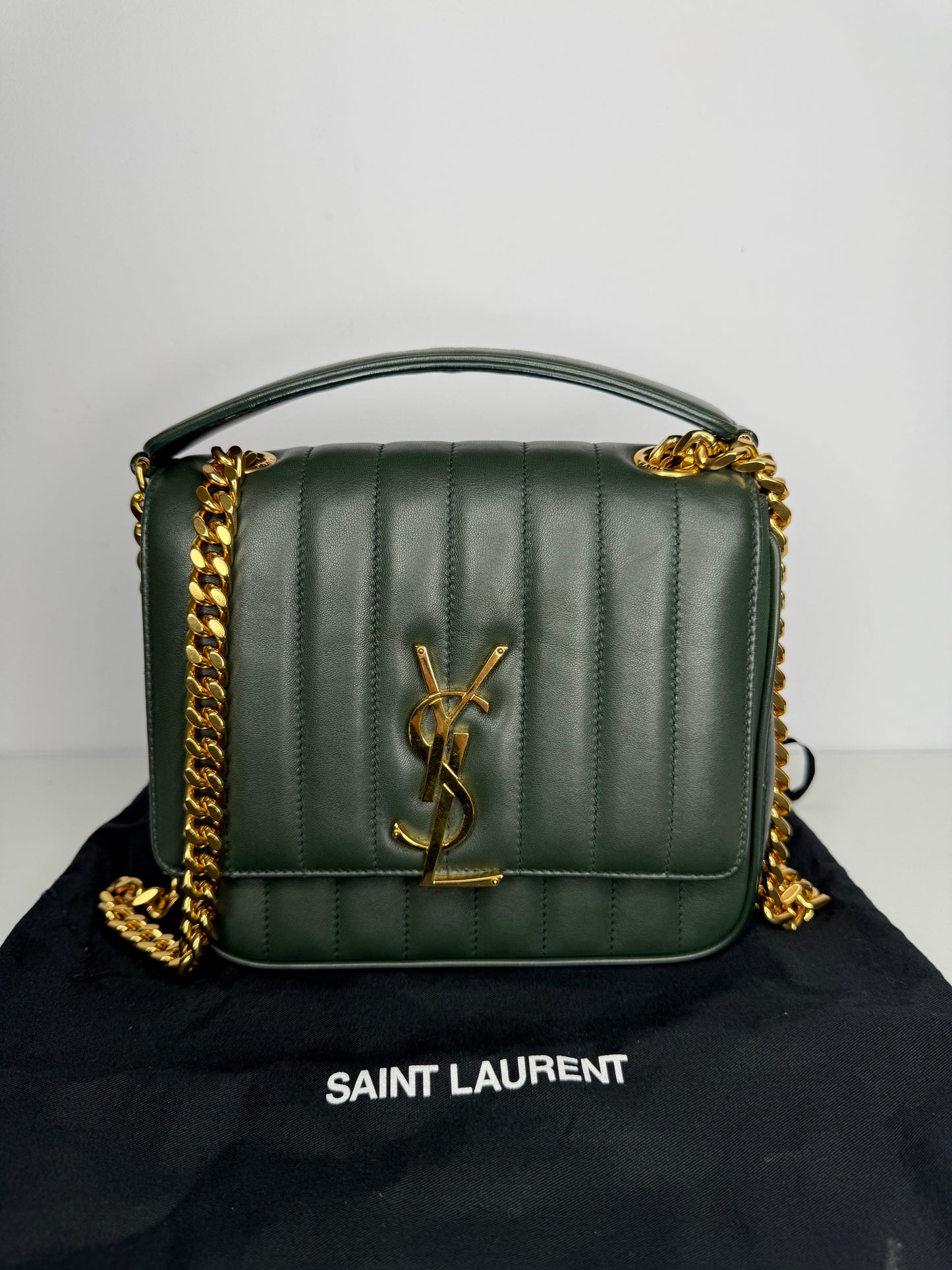 Saint Laurent Vicky Medium Crossbody Bag in Dark Green Vertical Quilted Leather