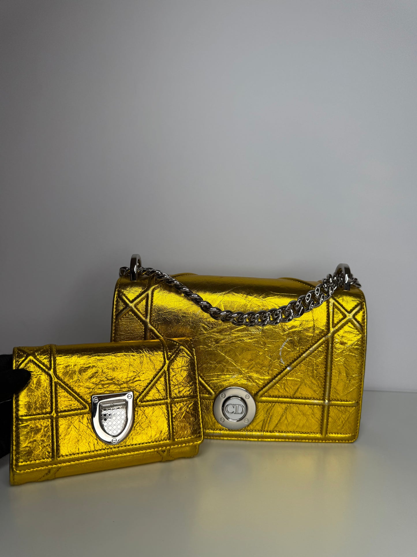 Christian Dior Yellow Gold Grained Leather Diorama Medium Flap Bag with Wallet