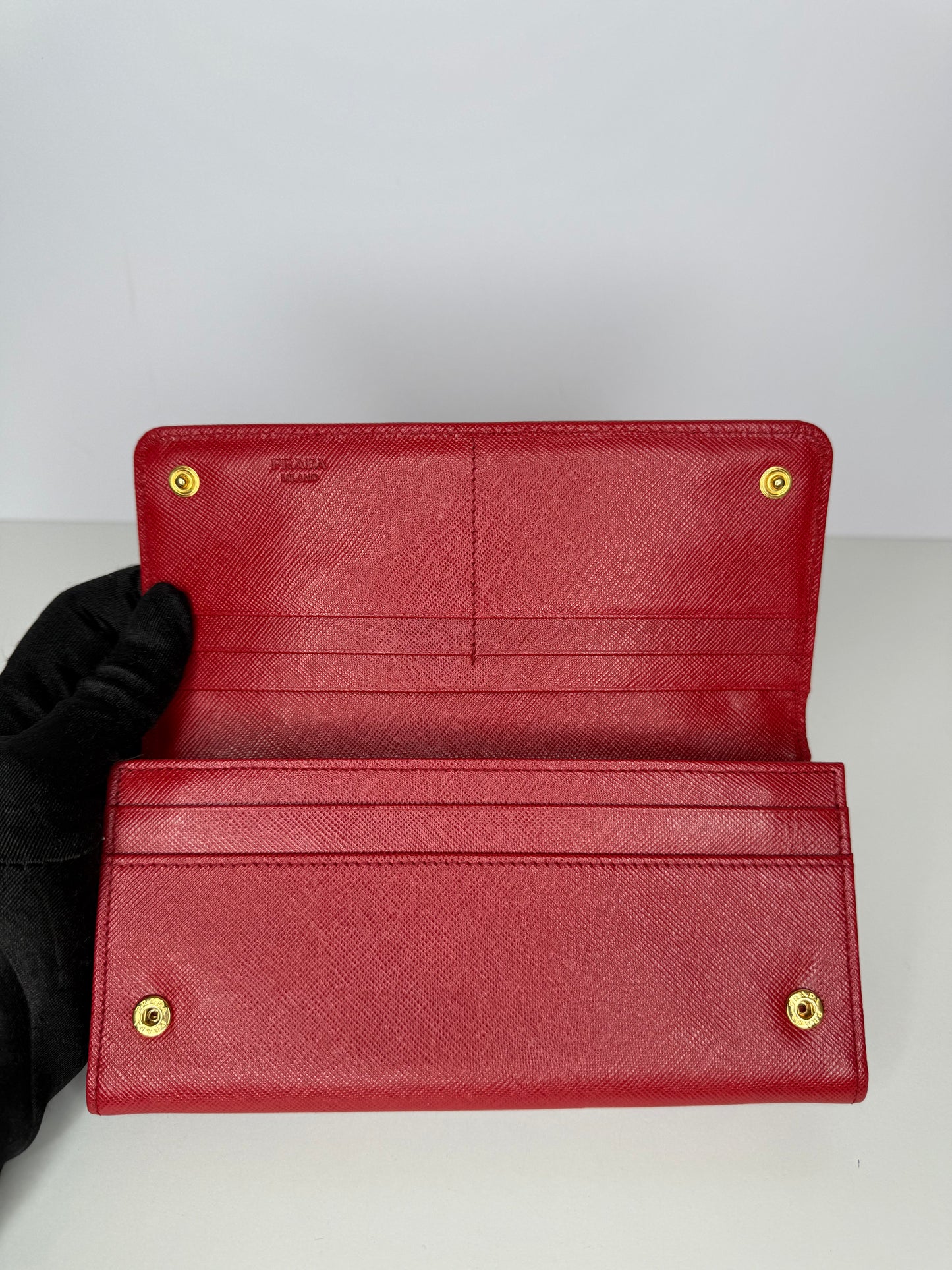 Prada Red Saffiano Metal Leather Logo Flap Continental Wallet