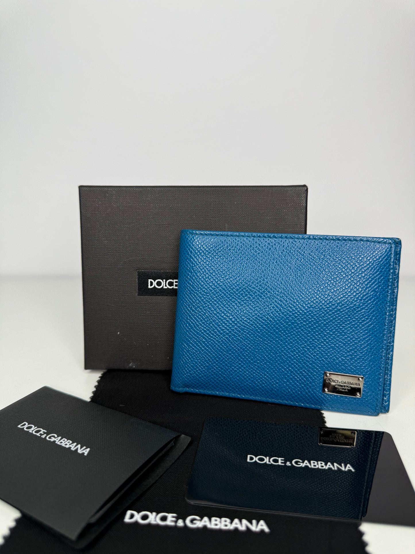 Dolce Gabbana Blue Leather Logo Bifold Compact Wallet