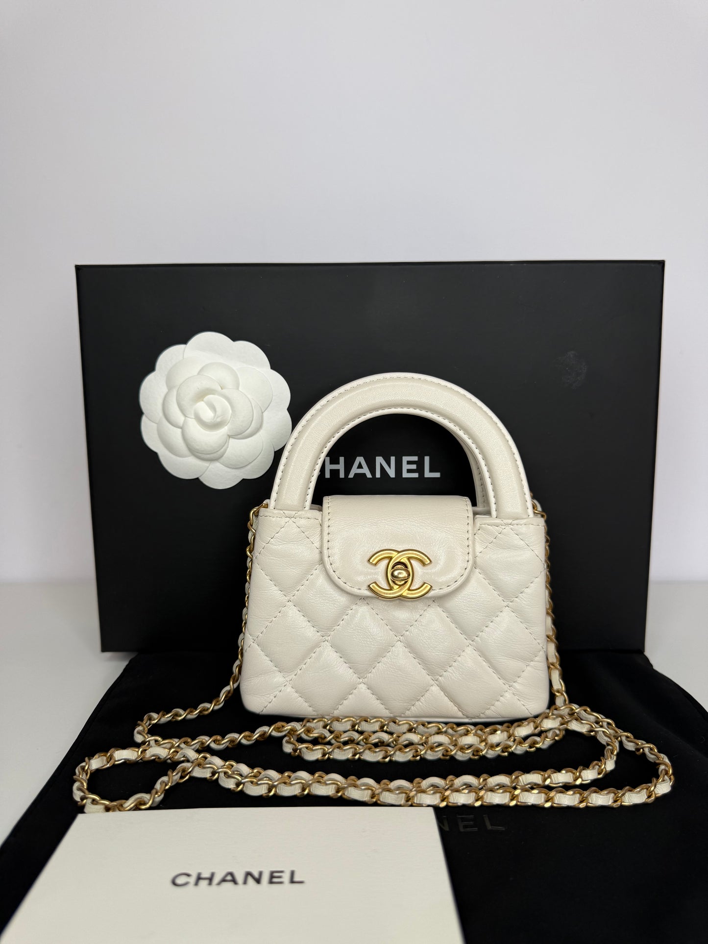 Chanel Micro Kelly White Shiny Aged Calfskin Brushed Gold Hardware