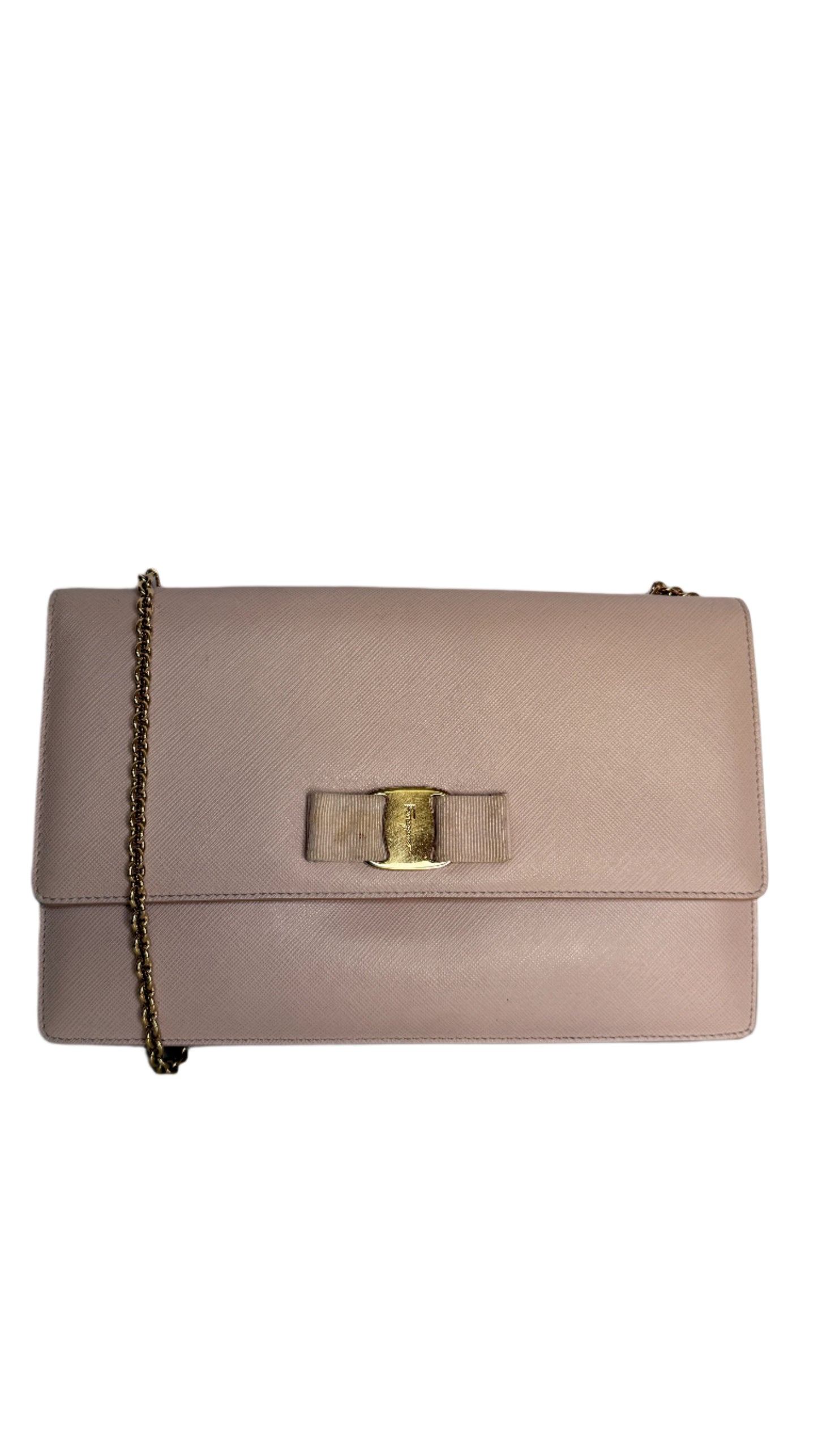 Salvatore Ferragamo Light Pink Leather Vara Bow Chain Shoulder Bag