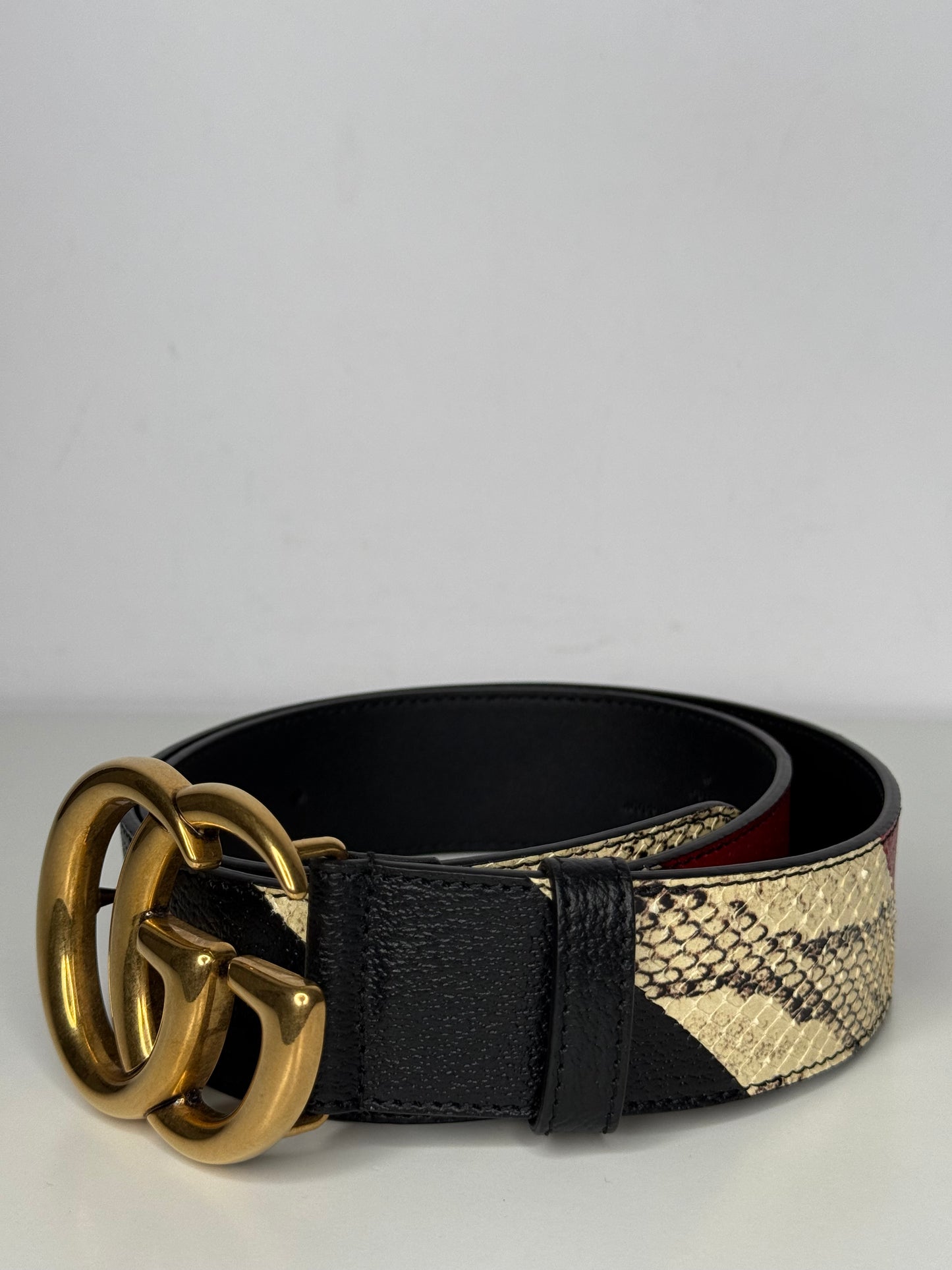 Gucci GG Marmont Black Leather Belt with Red/Beige Python Detail and Antique Gold Buckle