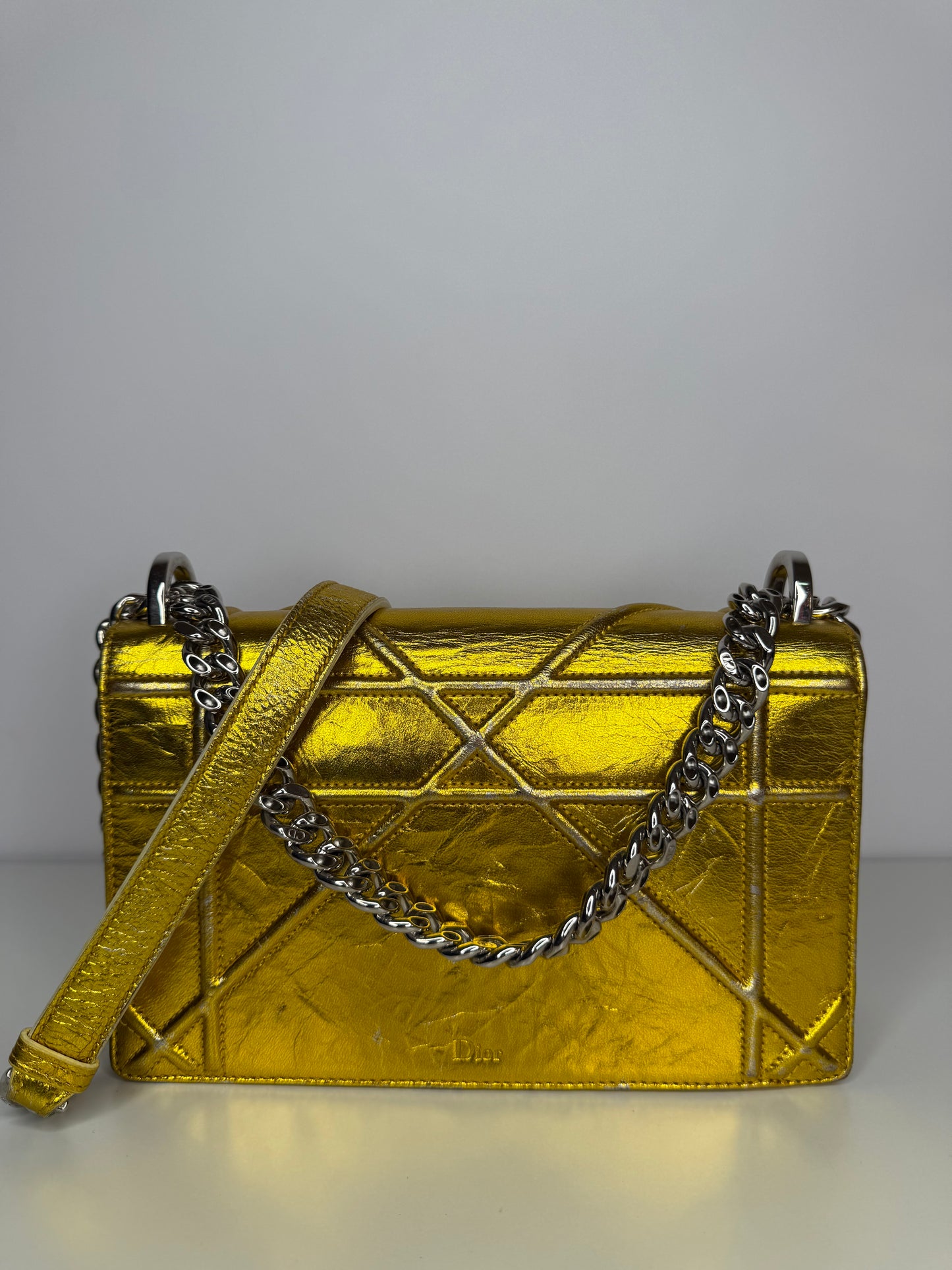 Christian Dior Yellow Gold Grained Leather Diorama Medium Flap Bag with Wallet