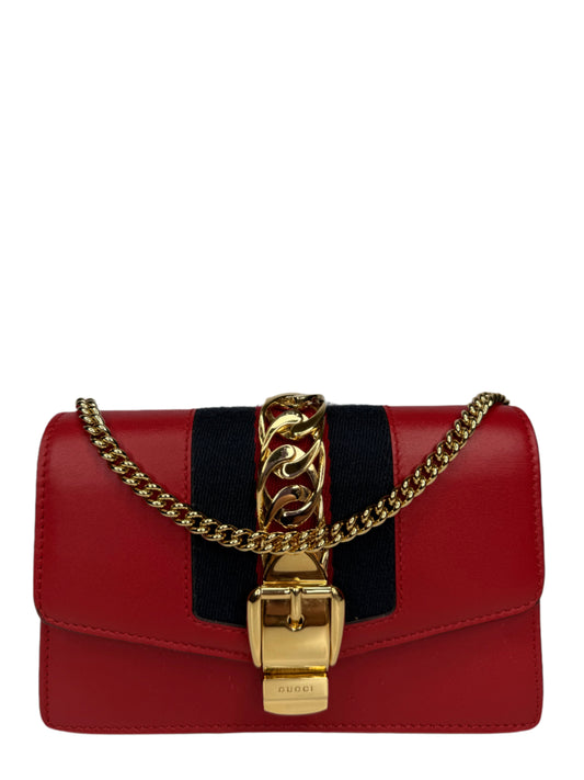 Gucci Mini Sylvie Red Leather Web Signature Chain Crossbody Bag